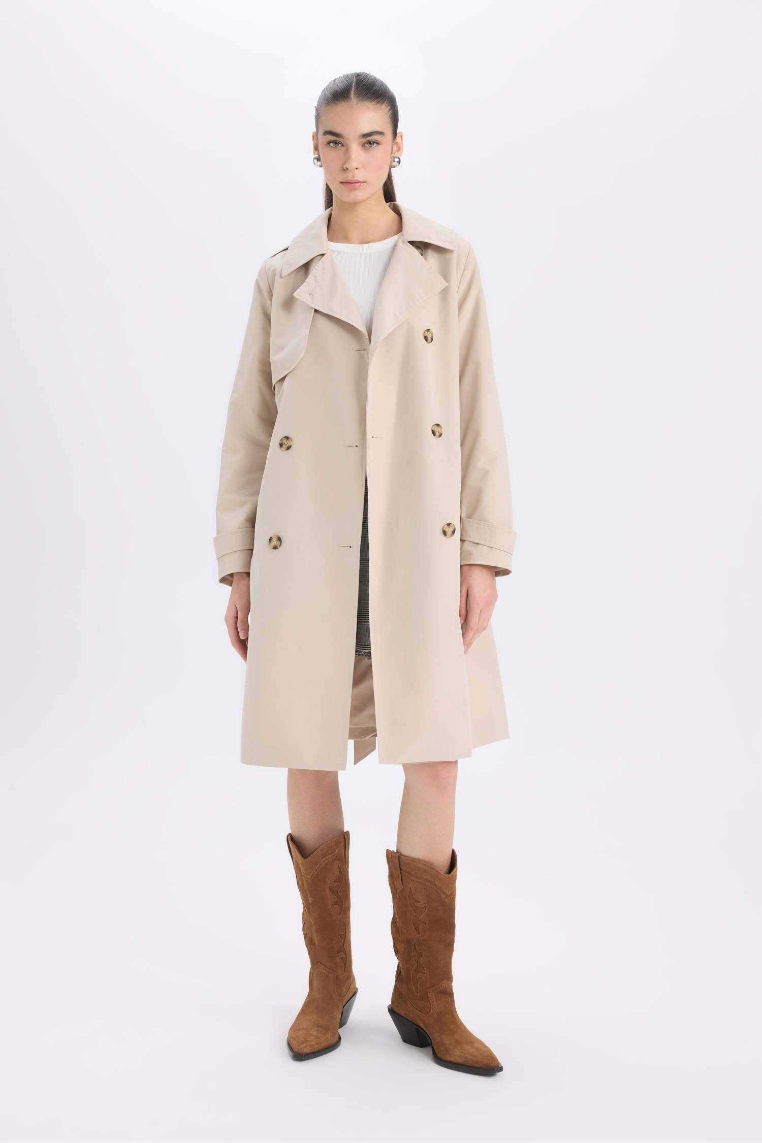 Su Geçirmez Mevsimlik Trençkot Kruvaze Yaka Düğmeli Cepli Kemerli Apoletli