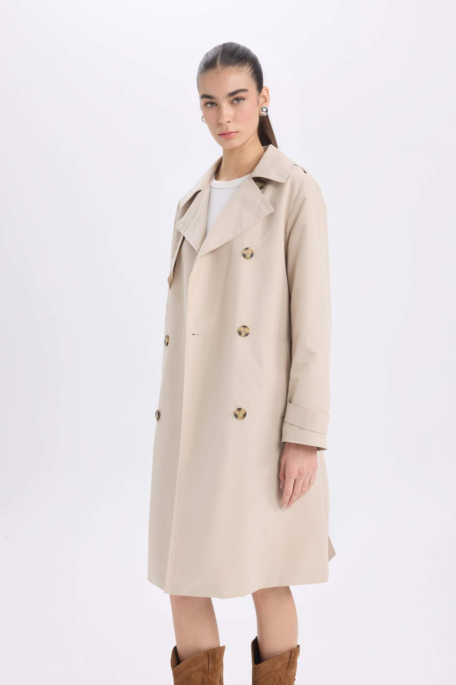 Su Geçirmez Mevsimlik Trençkot Kruvaze Yaka Düğmeli Cepli Kemerli Apoletli