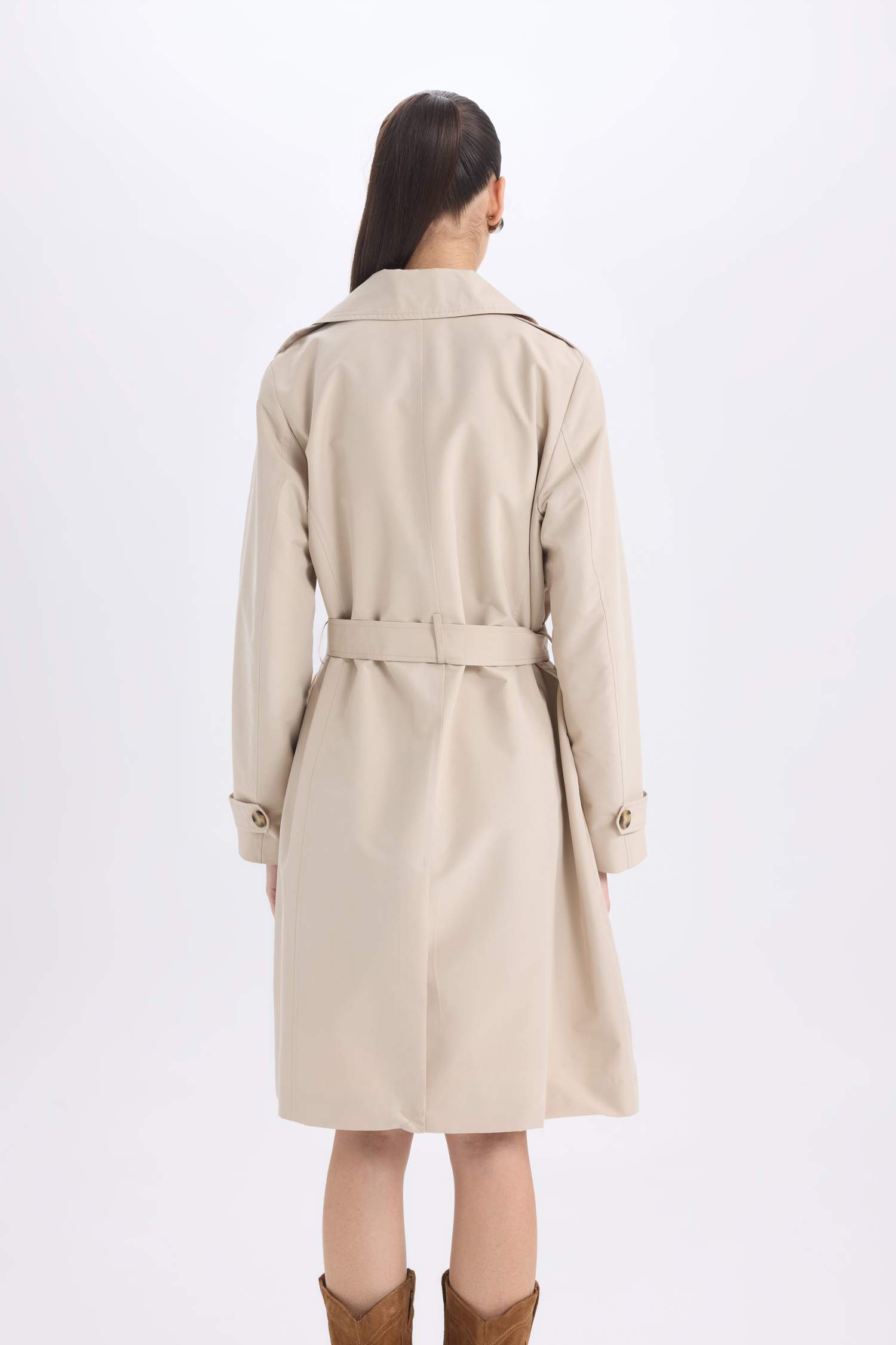 Su Geçirmez Mevsimlik Trençkot Kruvaze Yaka Düğmeli Cepli Kemerli Apoletli