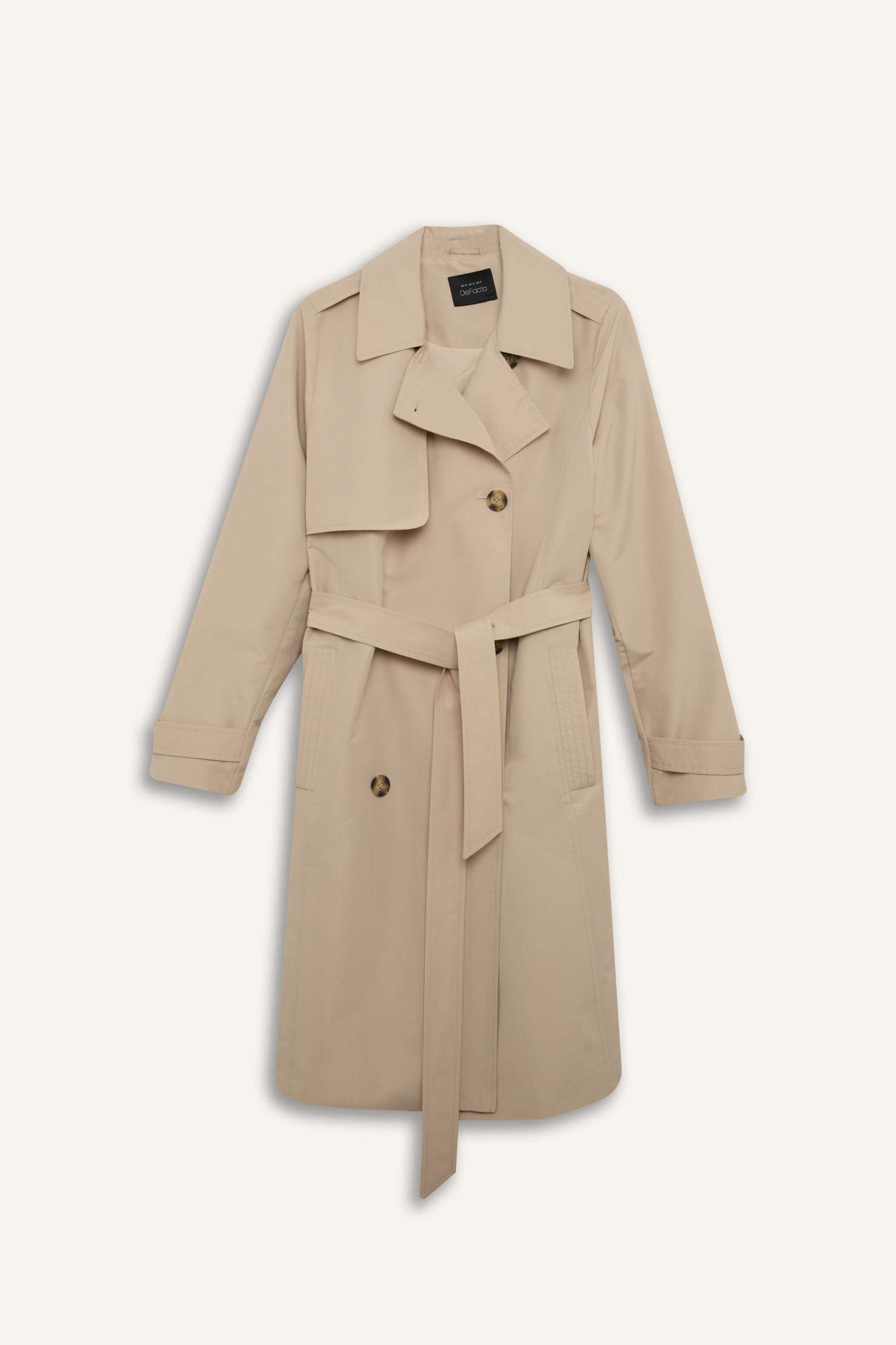 Su Geçirmez Mevsimlik Trençkot Kruvaze Yaka Düğmeli Cepli Kemerli Apoletli