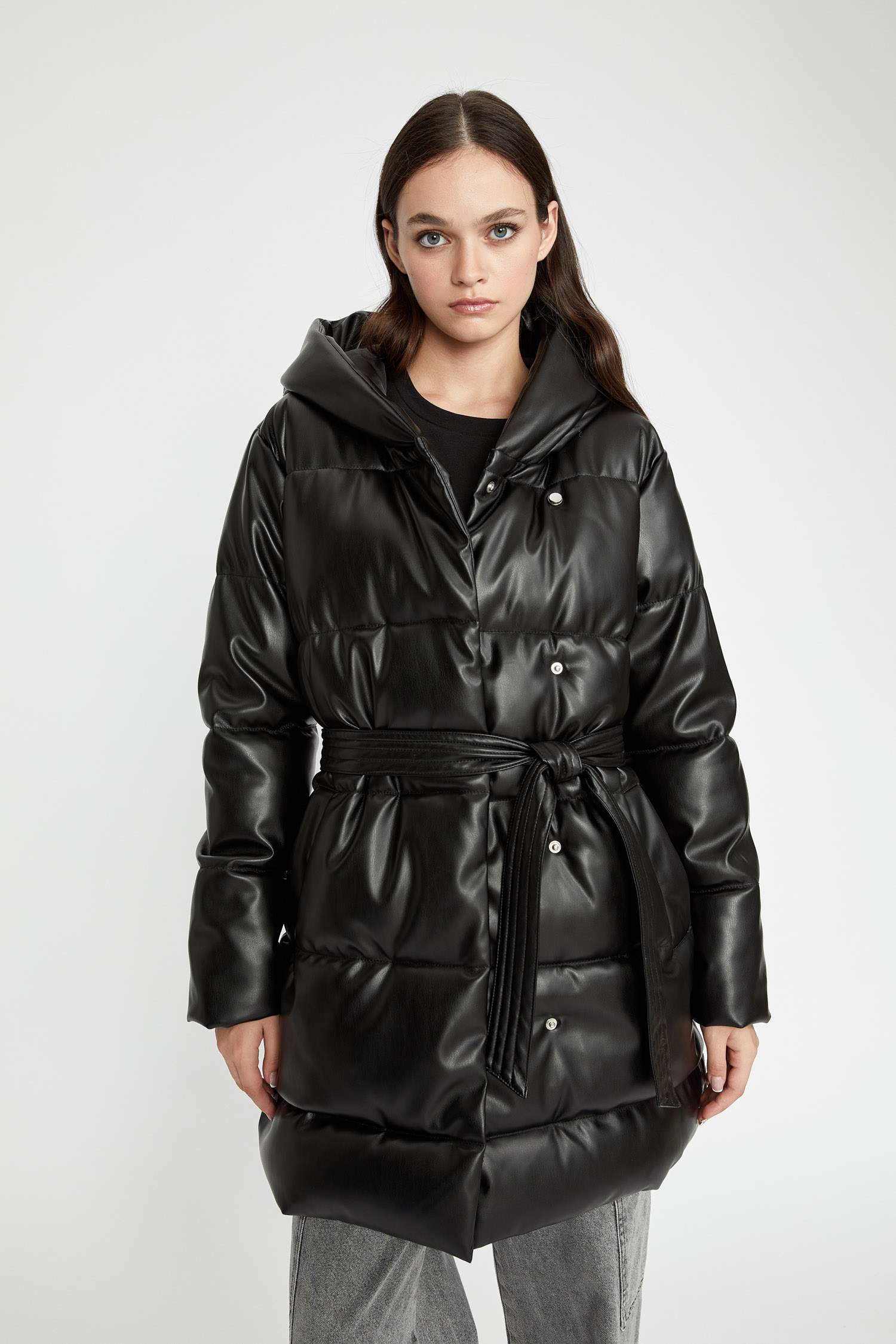 Waterproof Regular Fit Hooded Faux Leather Long Puffer Jacket