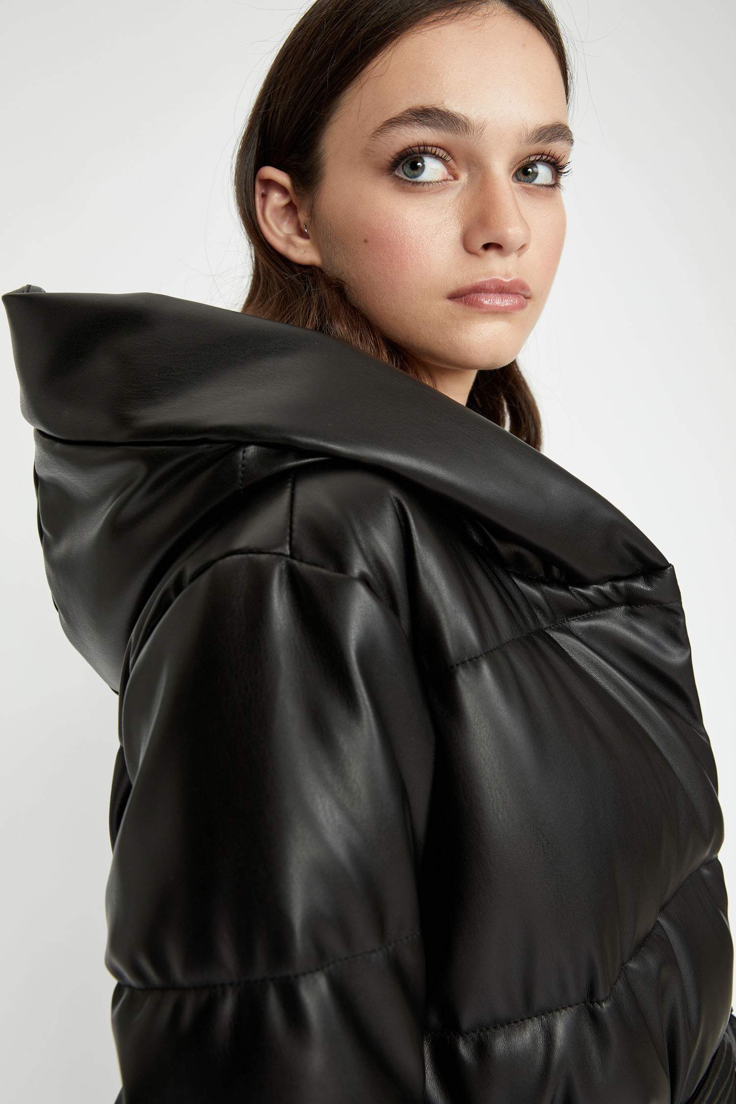 Waterproof Regular Fit Hooded Faux Leather Long Puffer Jacket