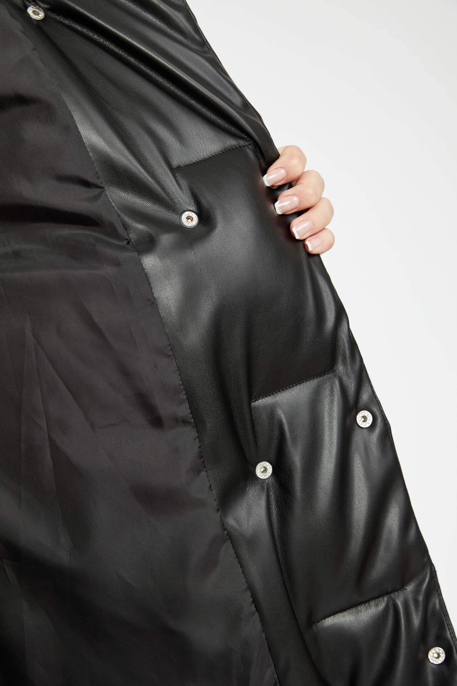 Waterproof Regular Fit Hooded Faux Leather Long Puffer Jacket