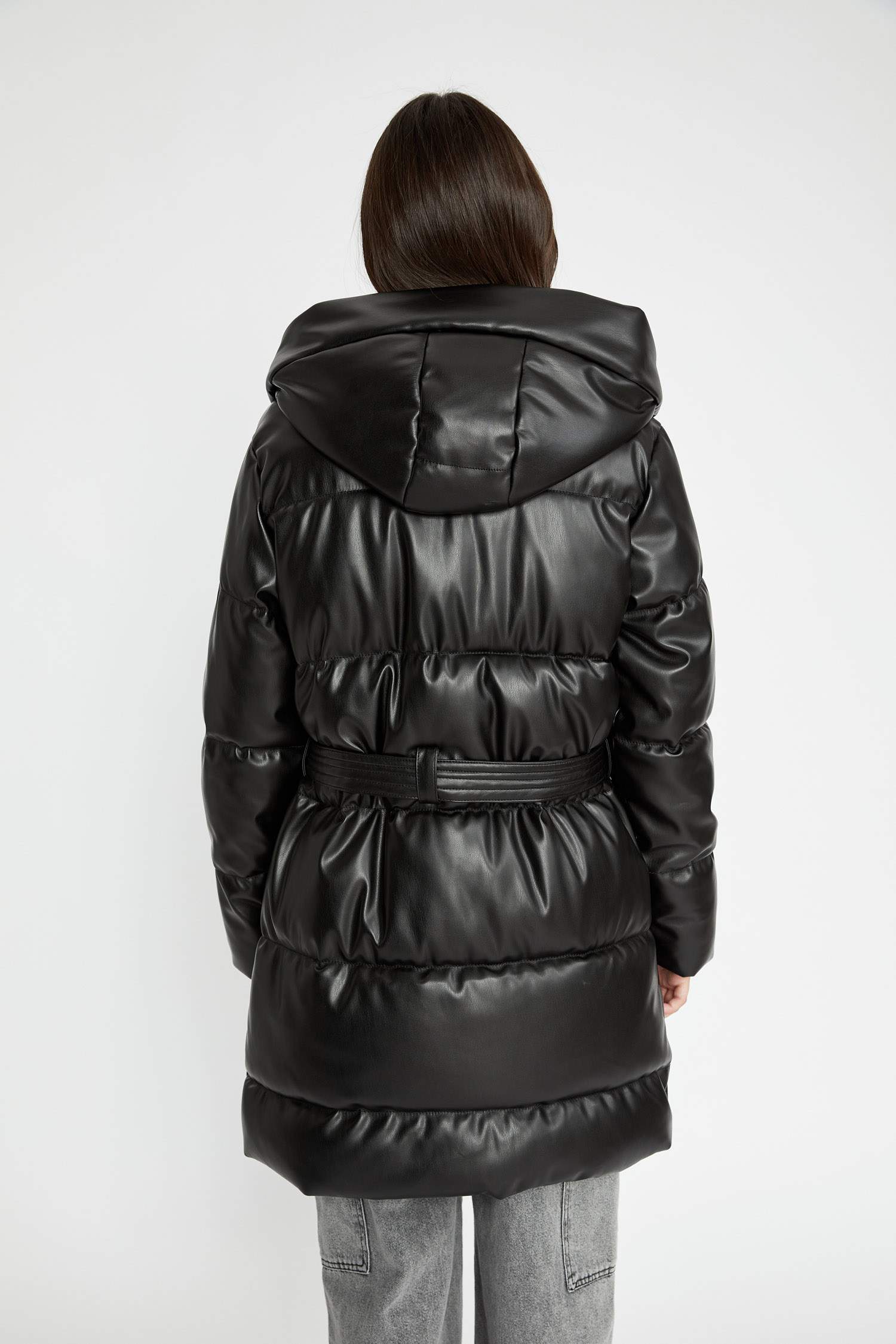 Waterproof Regular Fit Hooded Faux Leather Long Puffer Jacket