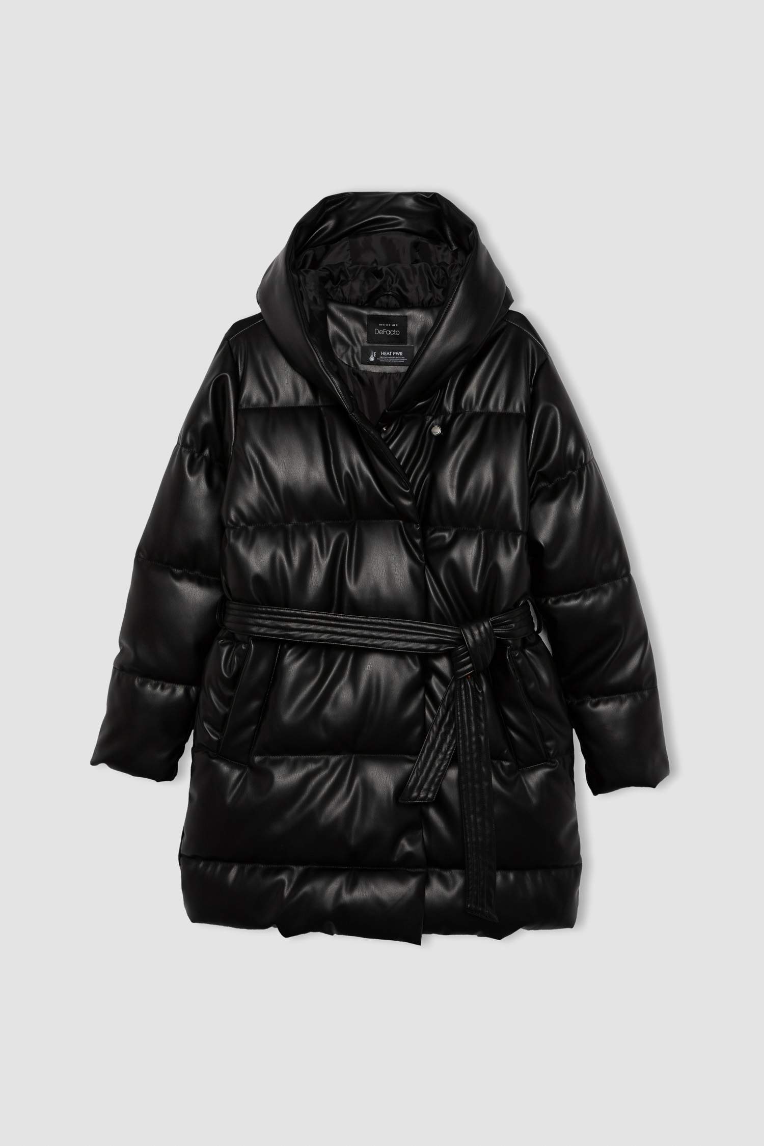 Waterproof Regular Fit Hooded Faux Leather Long Puffer Jacket