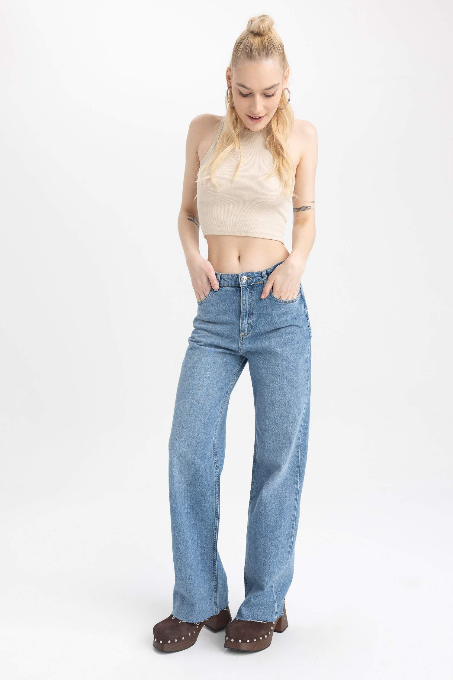 بنطلون جينز قطن وايد ليج