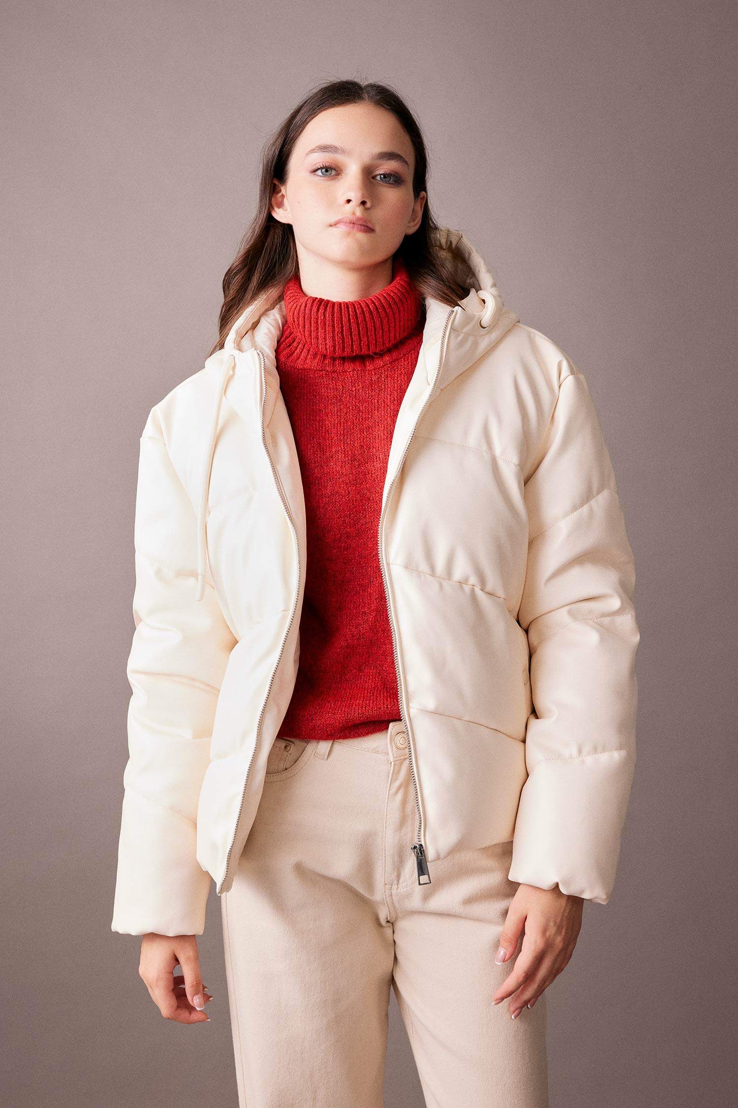 Su İtici Suni Deri Mont Kapüşonlu İçi Polarlı Fermuarlı Cepli