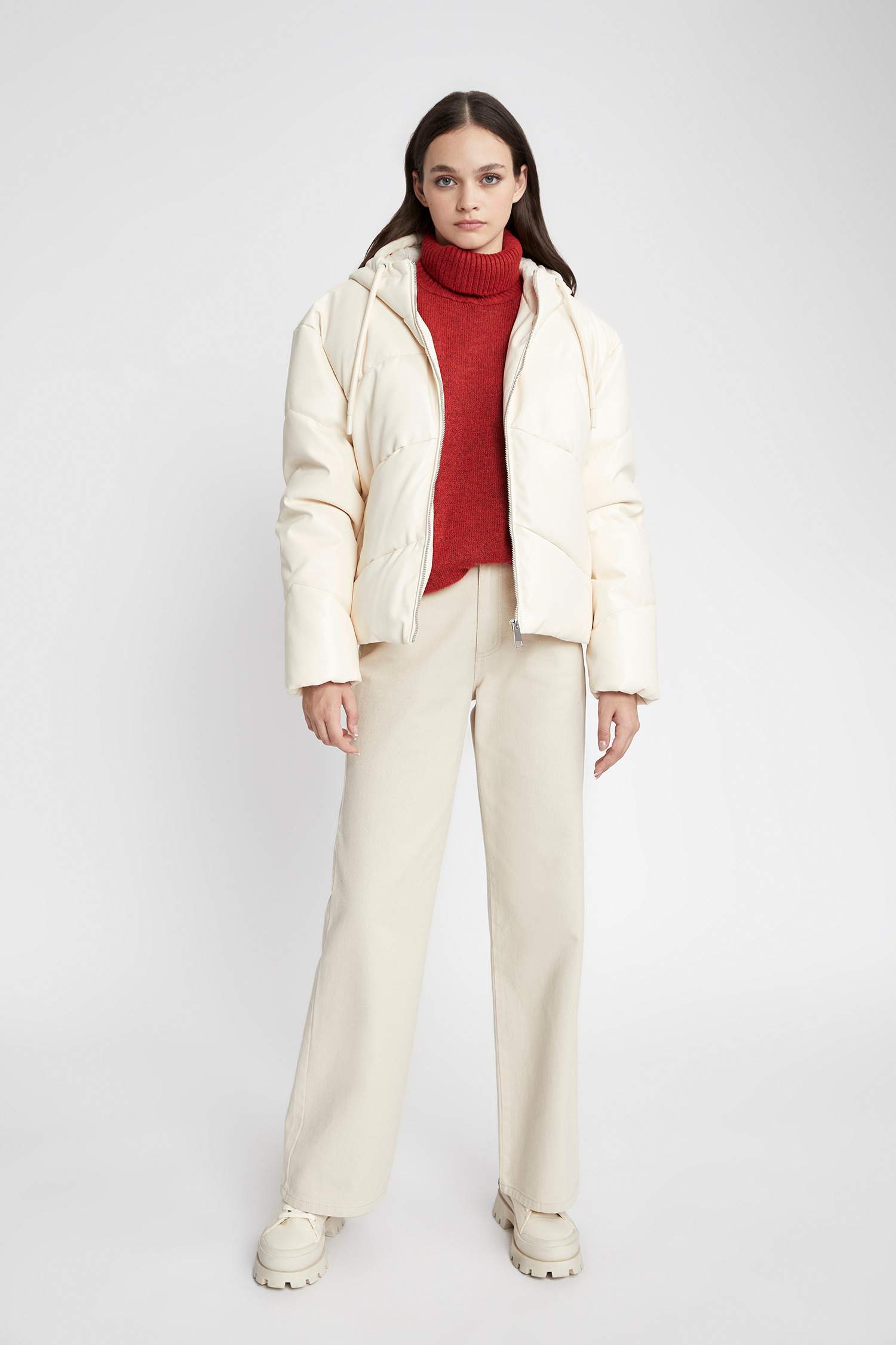 Su İtici Suni Deri Mont Kapüşonlu İçi Polarlı Fermuarlı Cepli