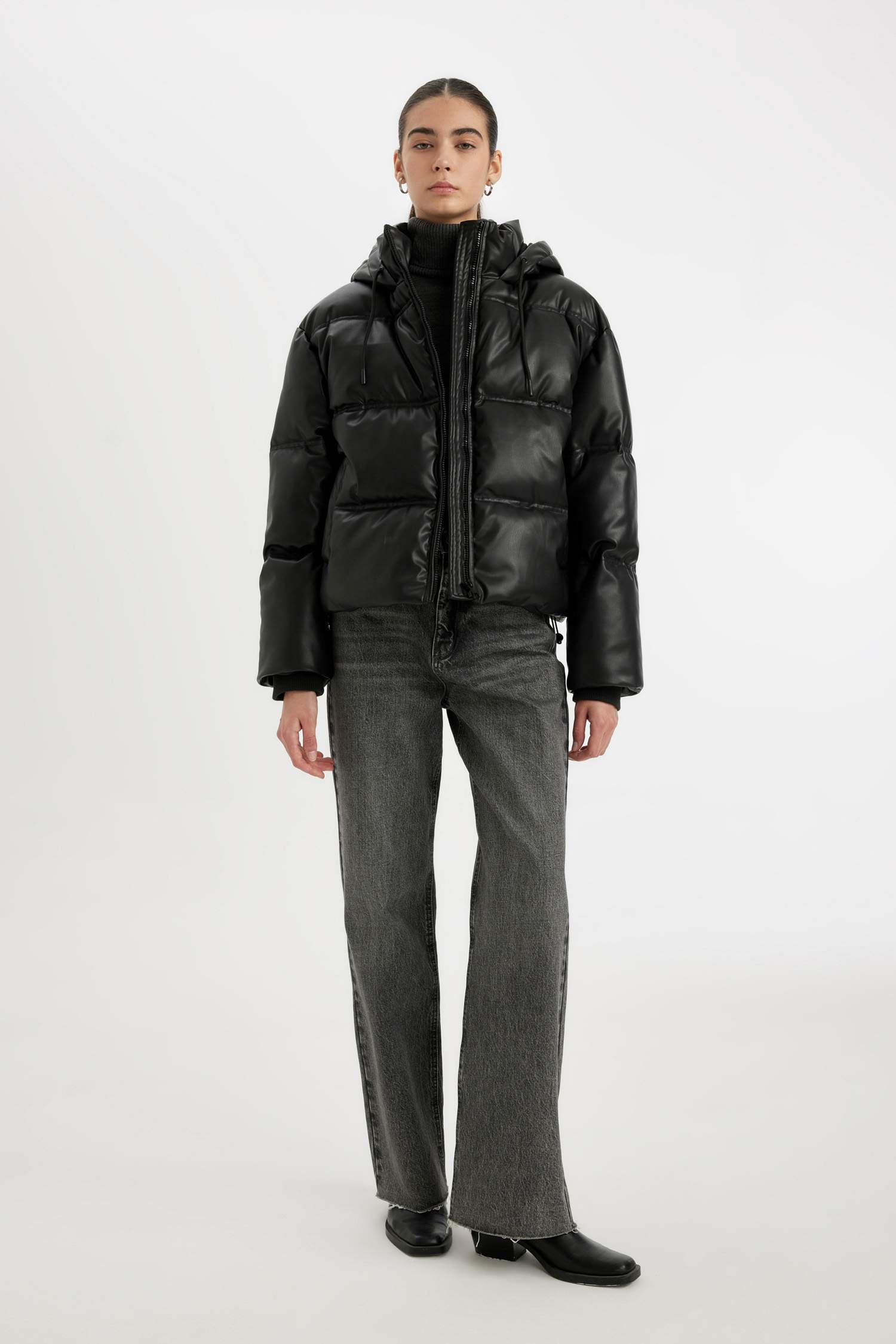 Su Geçirmez Suni Deri Mont Kapüşonlu İçi Polarlı Fermuarlı Cepli