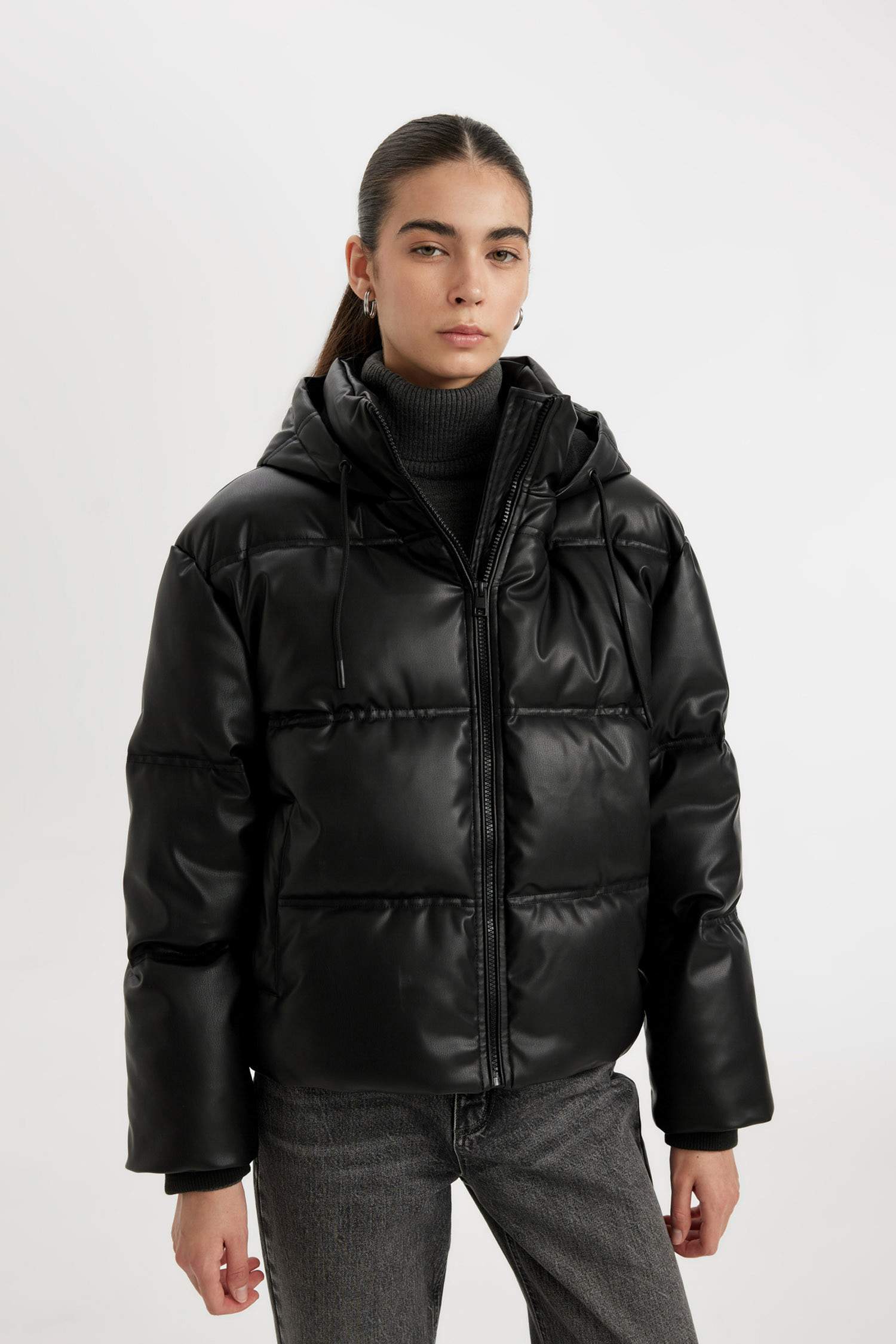 Su Geçirmez Suni Deri Mont Kapüşonlu İçi Polarlı Fermuarlı Cepli