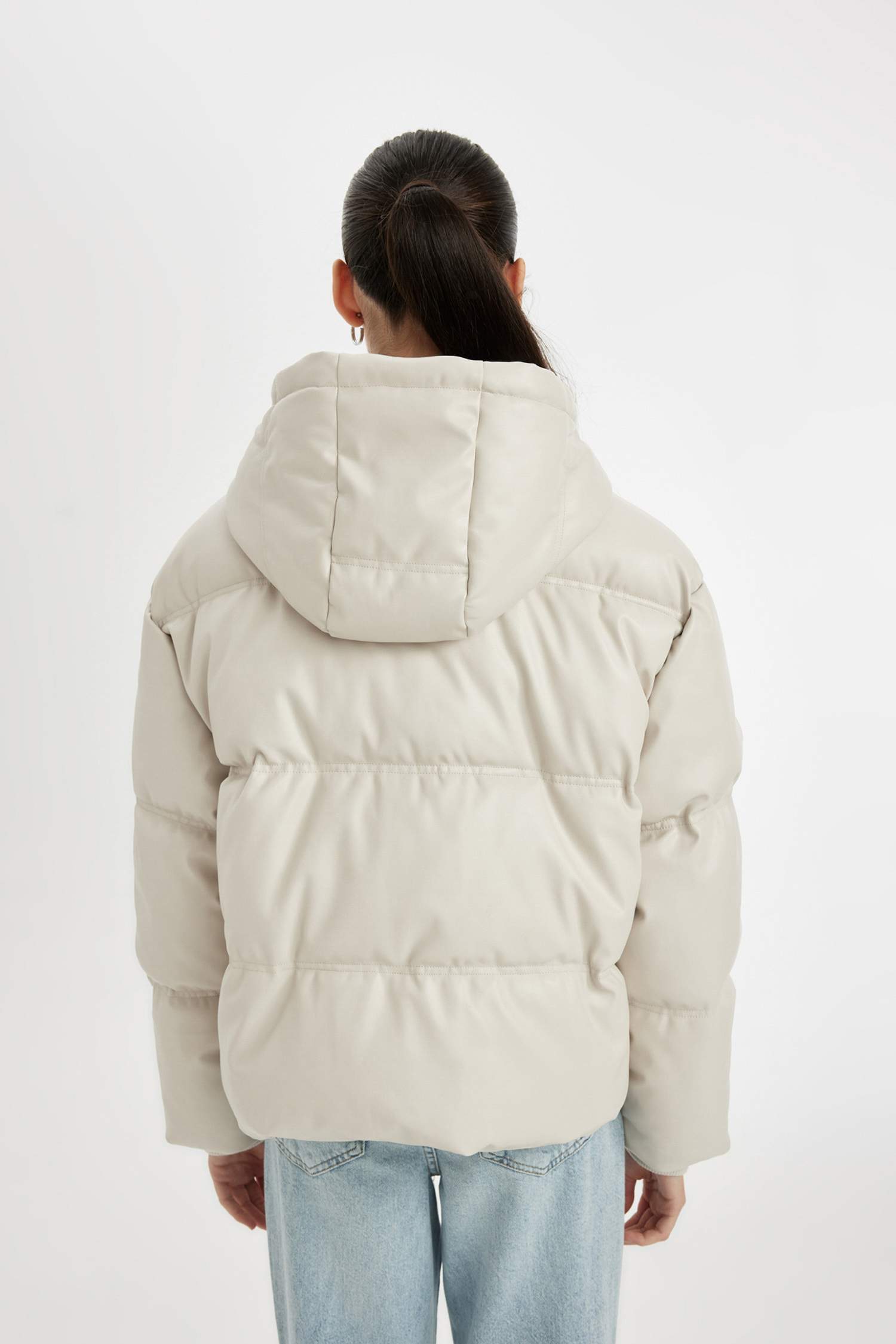 Su İtici Regular Kalıp Kapüşonlu İçi Polarlı Fermuarlı Cepli Suni Deri Mont