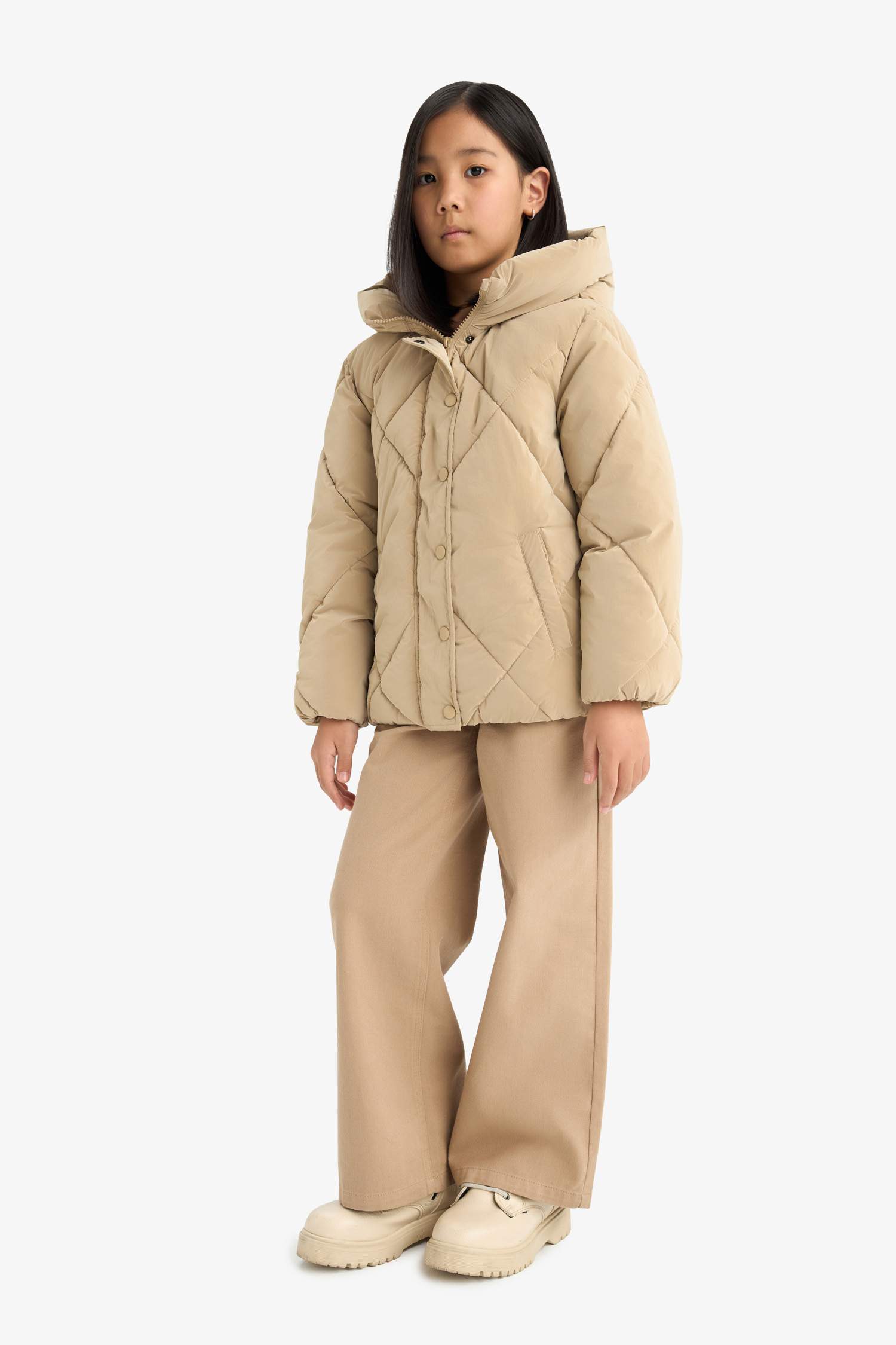 Girl Hooded Zippered Buttons Quilted Jacket