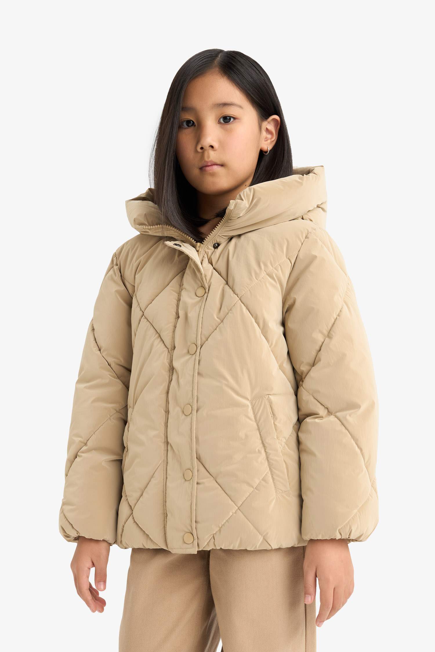 Girl Hooded Zippered Buttons Quilted Jacket