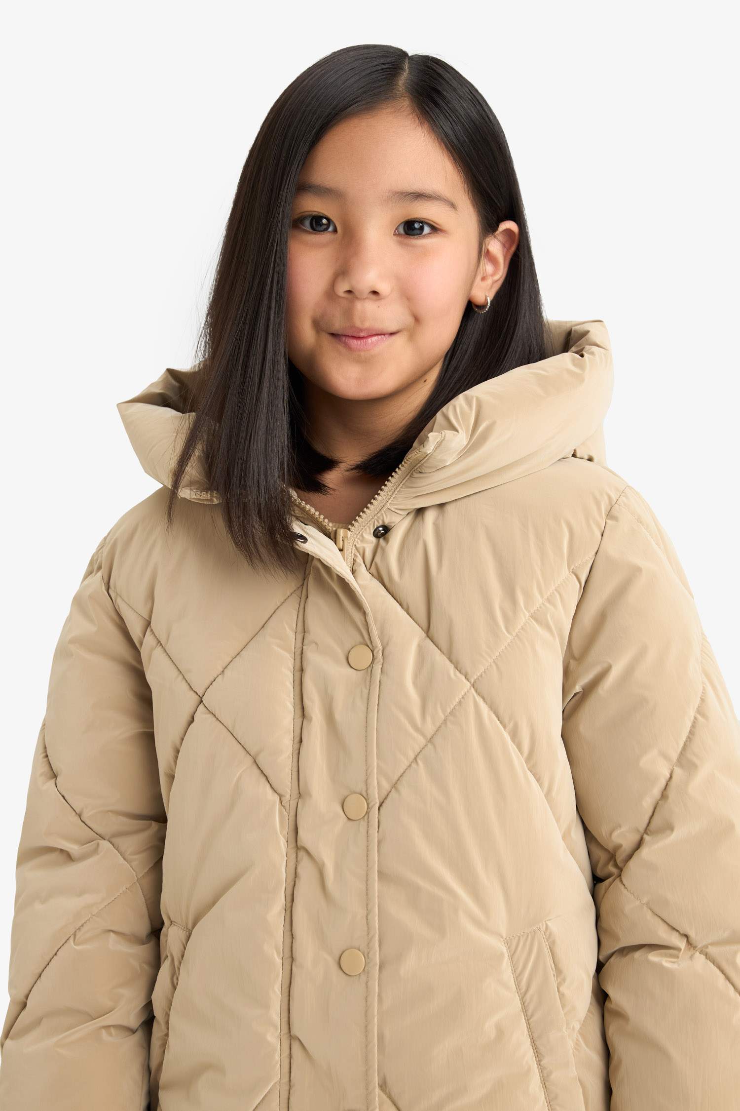 Girl Hooded Zippered Buttons Quilted Jacket