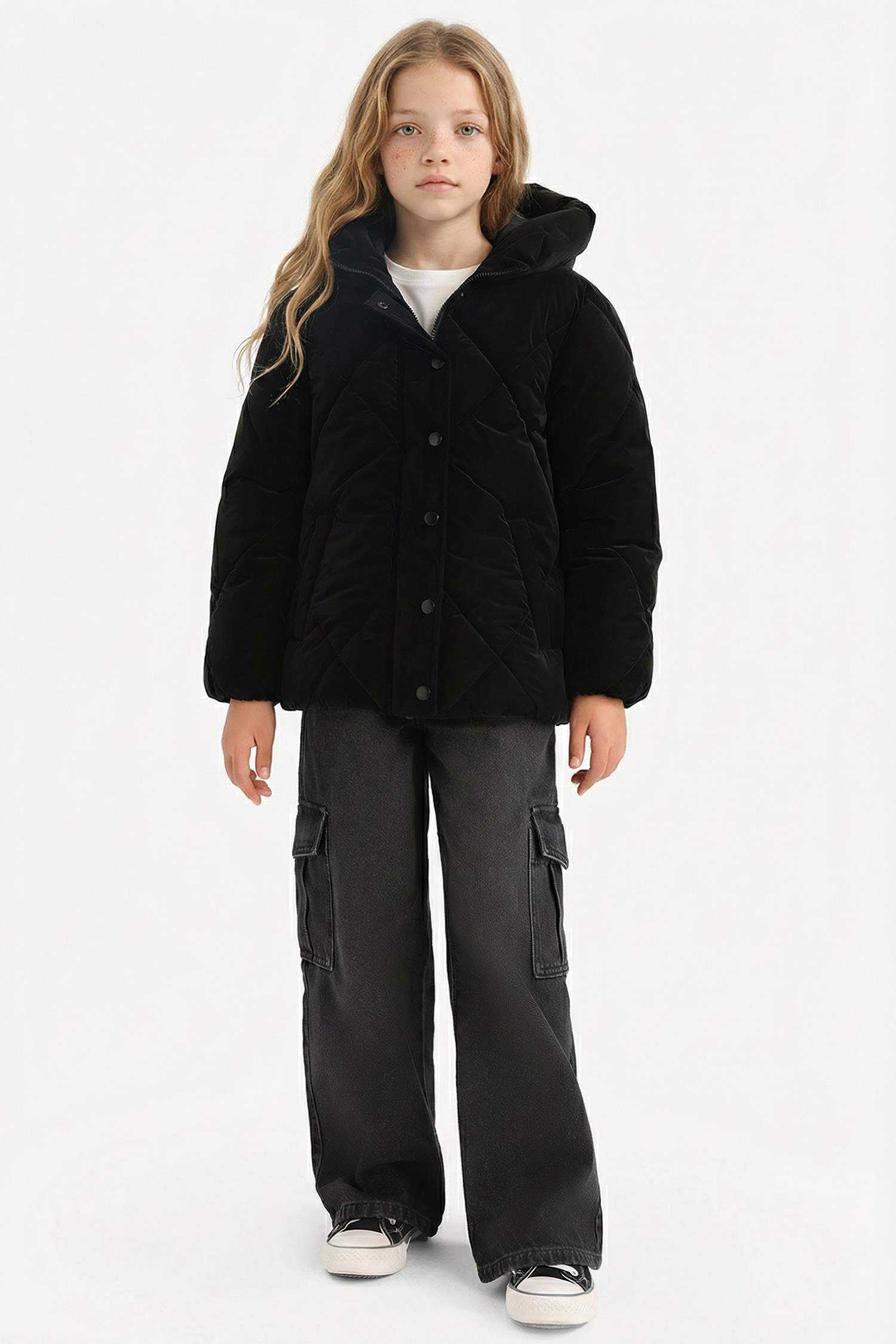 Kız Çocuk Kapüşonlu Fermuarlı Çıtçıtlı Kapitoneli Mont