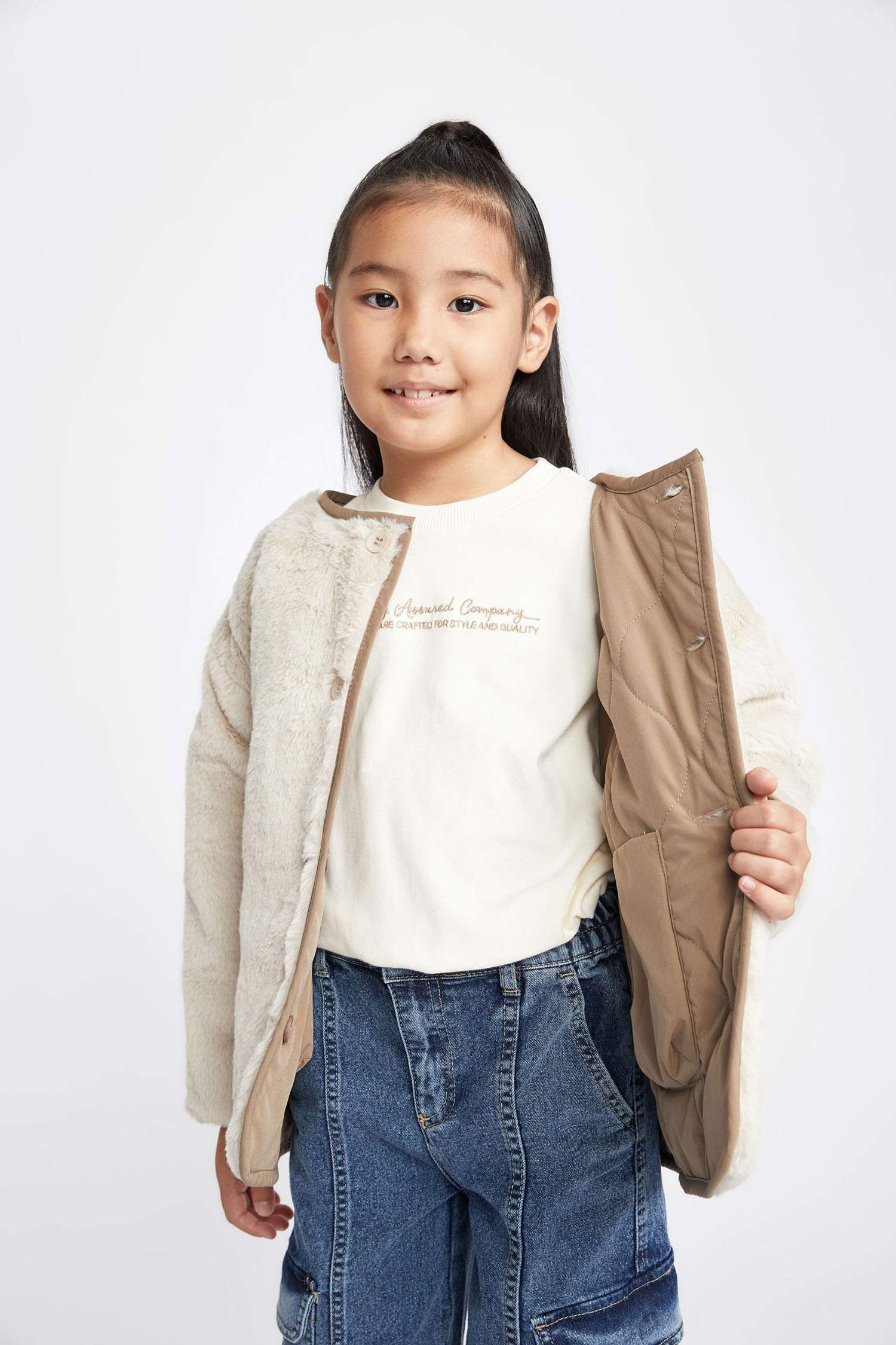 Қыздарға дөңгелек жаға жасанды аң терісі Пальто