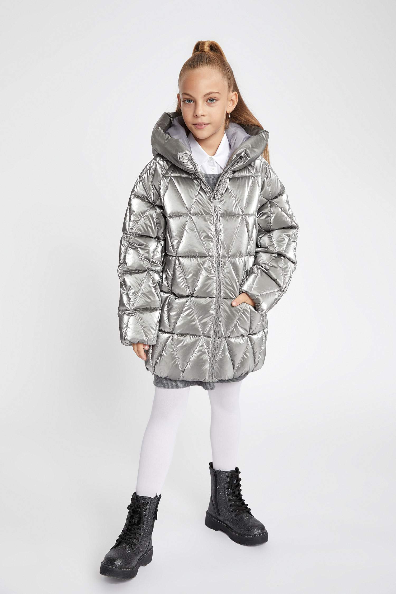 قمصلة نفخ بناتي لامع بغطاء للرأس مبطن بالصوف