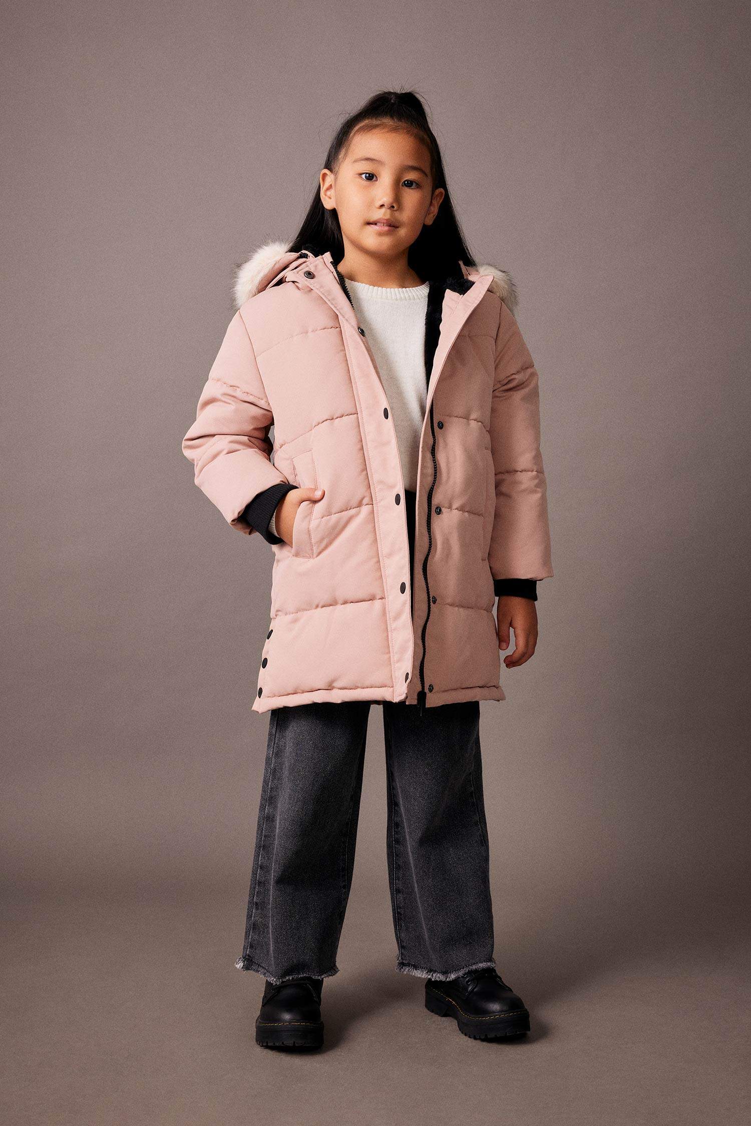 Girl Removable Faux Fur Collar Hooded Long Puffer Jacket