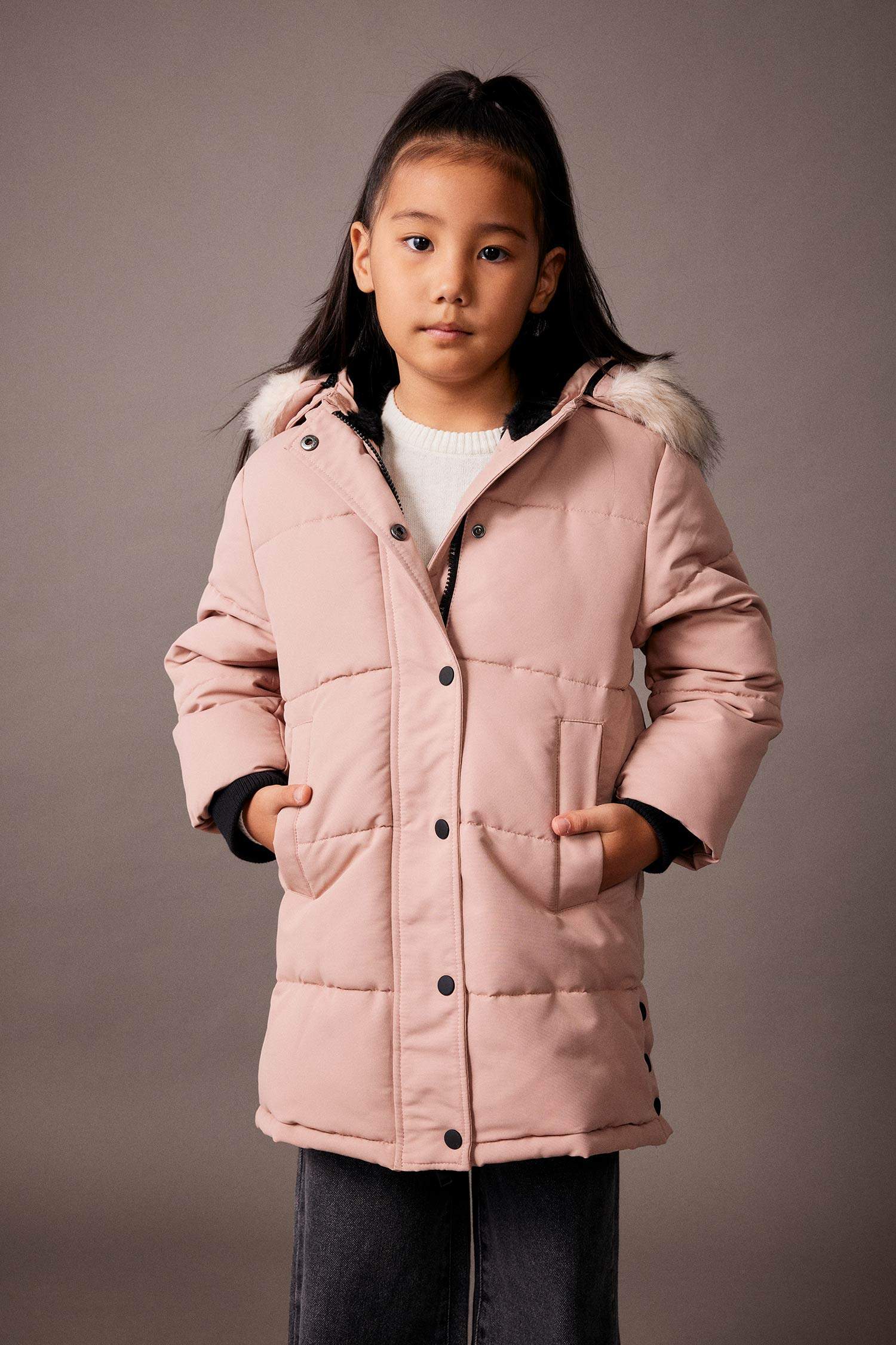 Girl Removable Faux Fur Collar Hooded Long Puffer Jacket
