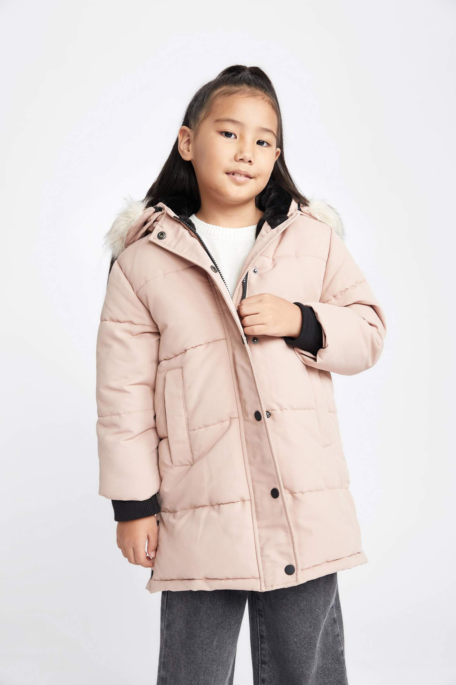 Girl Removable Faux Fur Collar Hooded Long Puffer Jacket