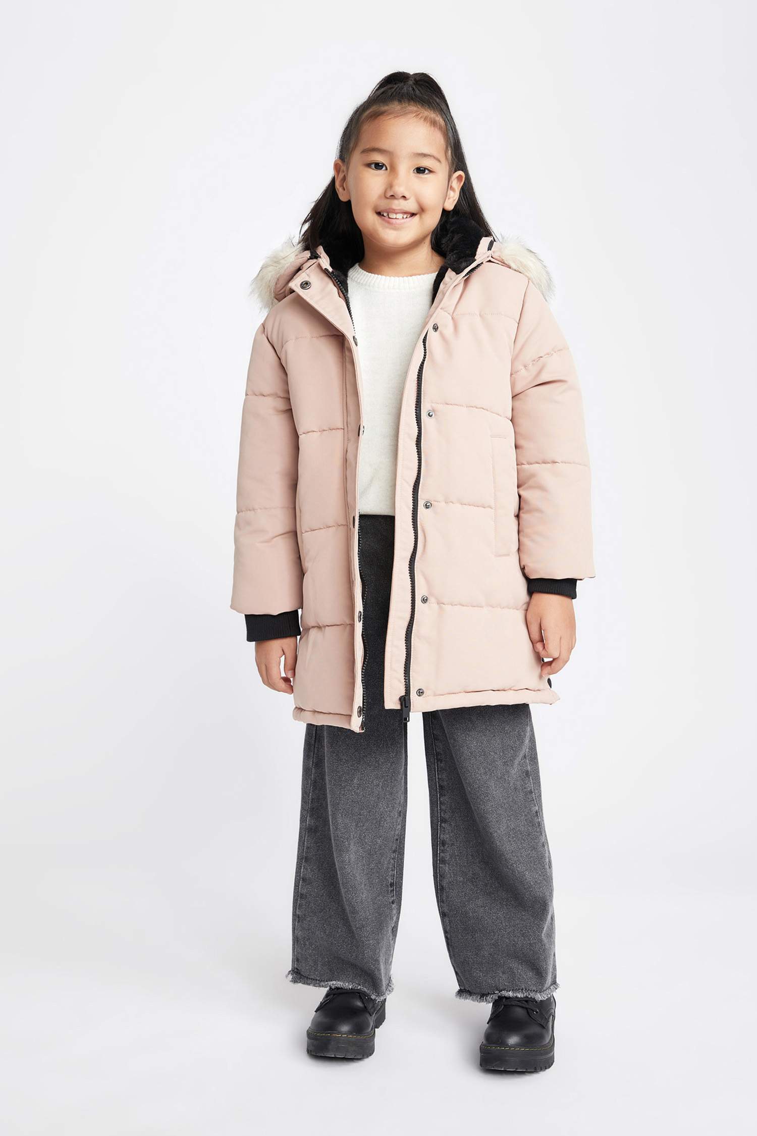 Girl Removable Faux Fur Collar Hooded Long Puffer Jacket