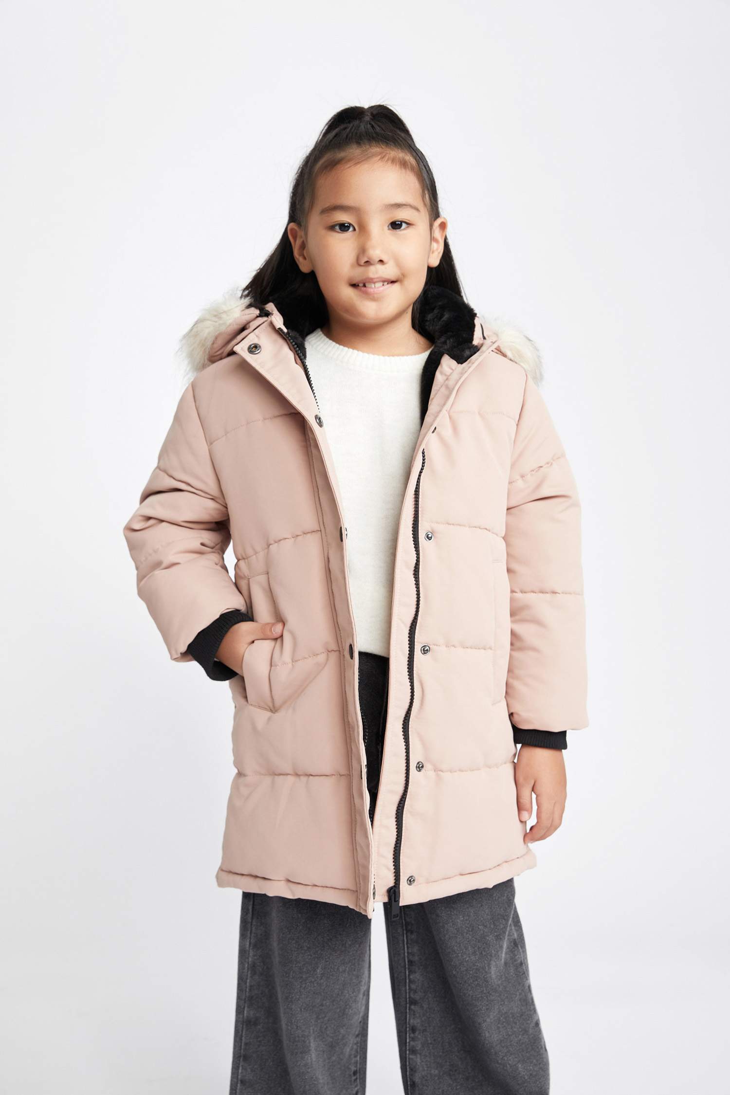 Girl Removable Faux Fur Collar Hooded Long Puffer Jacket