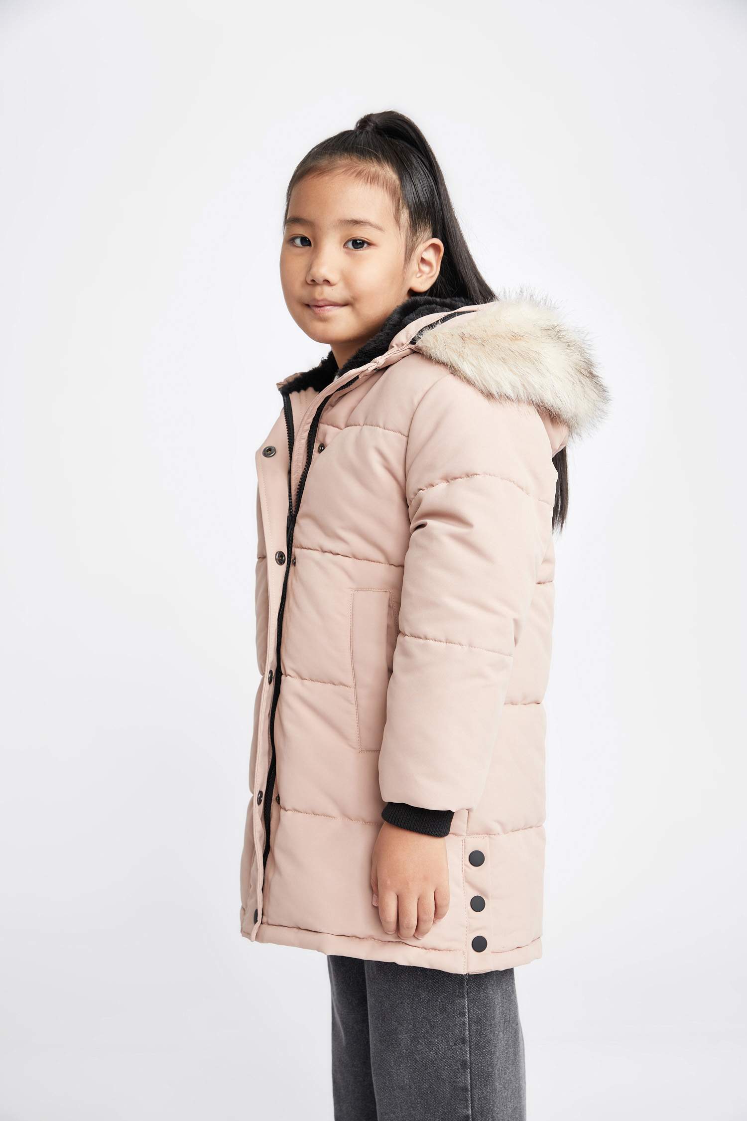 Girl Removable Faux Fur Collar Hooded Long Puffer Jacket