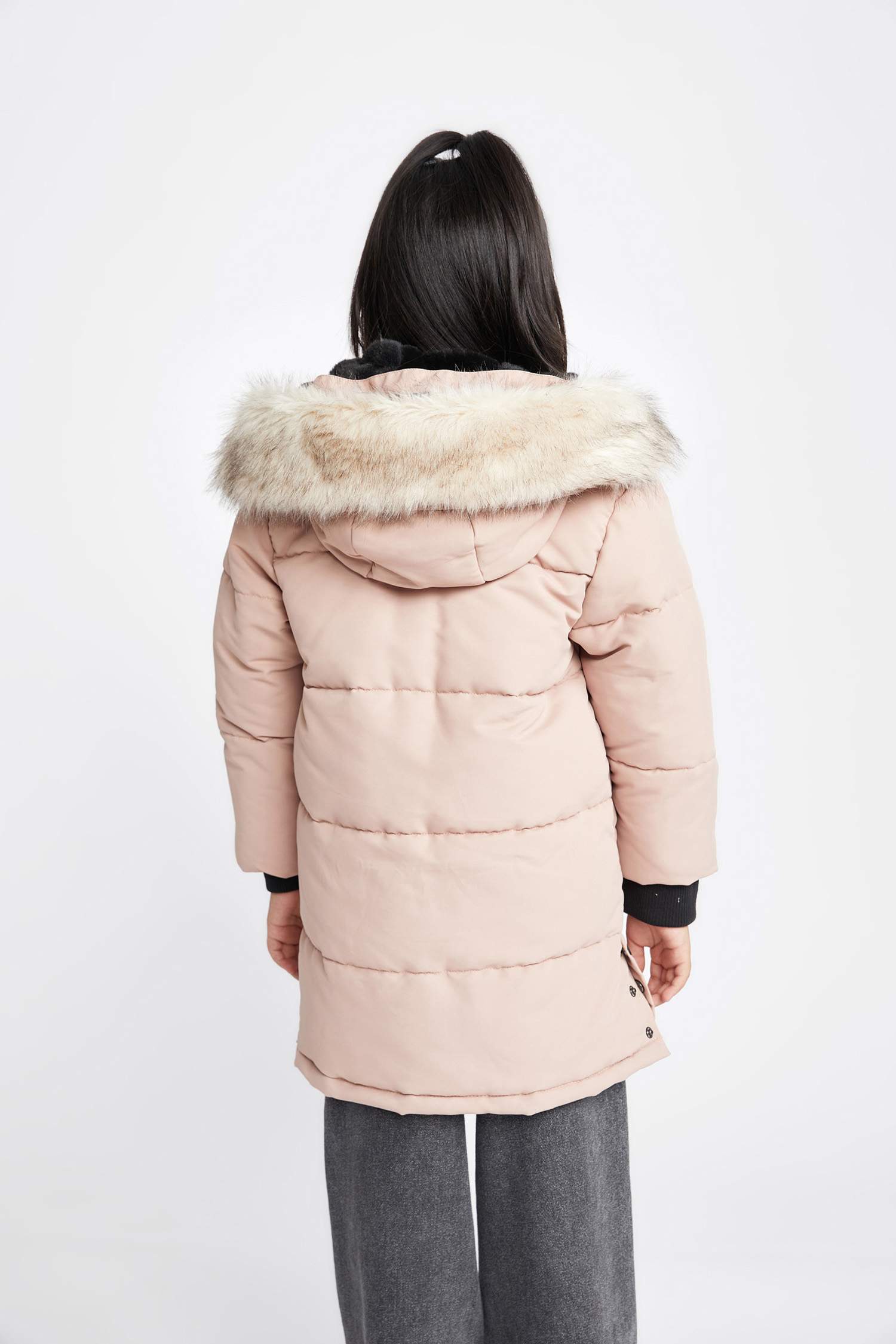 Girl Removable Faux Fur Collar Hooded Long Puffer Jacket