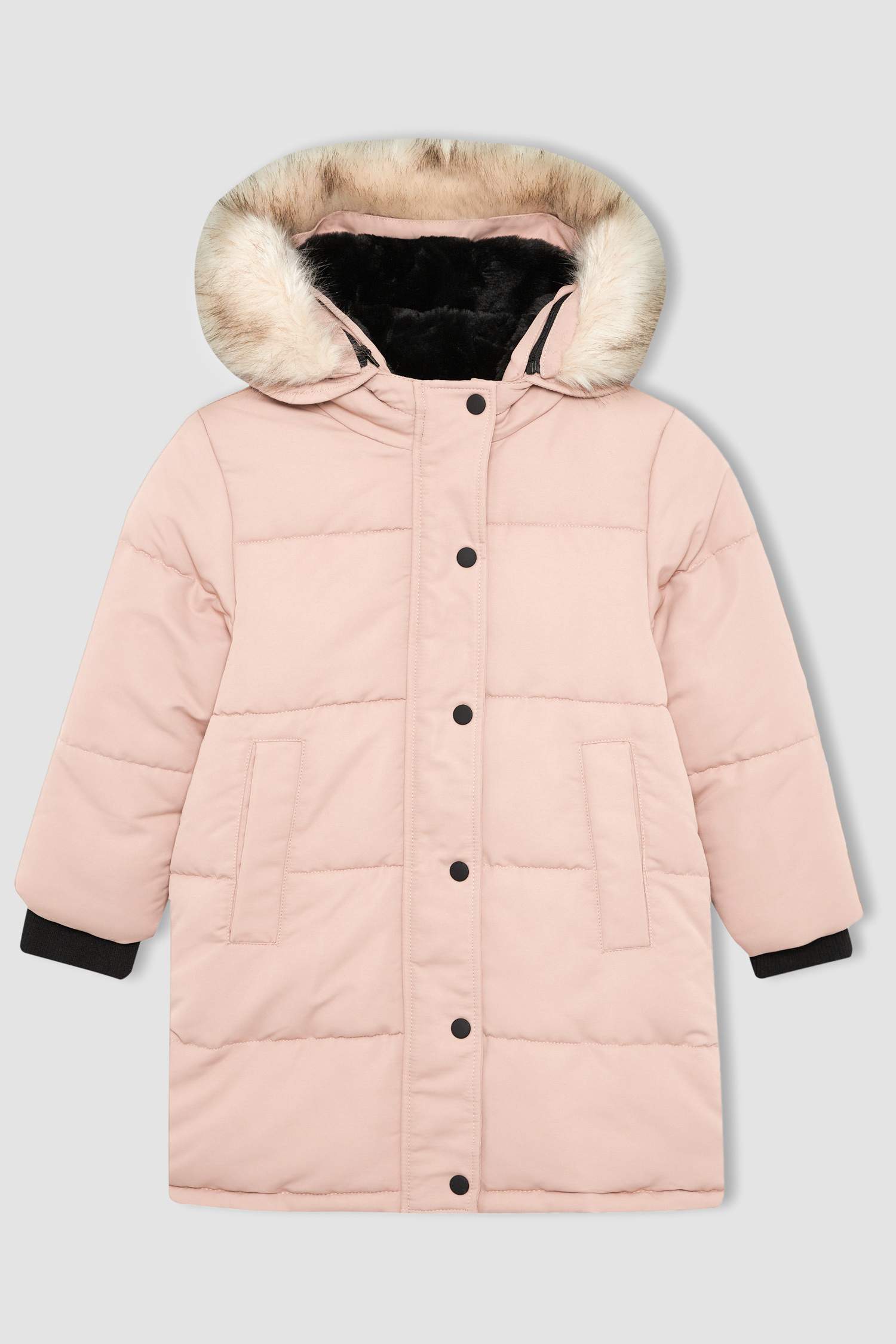 Girl Removable Faux Fur Collar Hooded Long Puffer Jacket