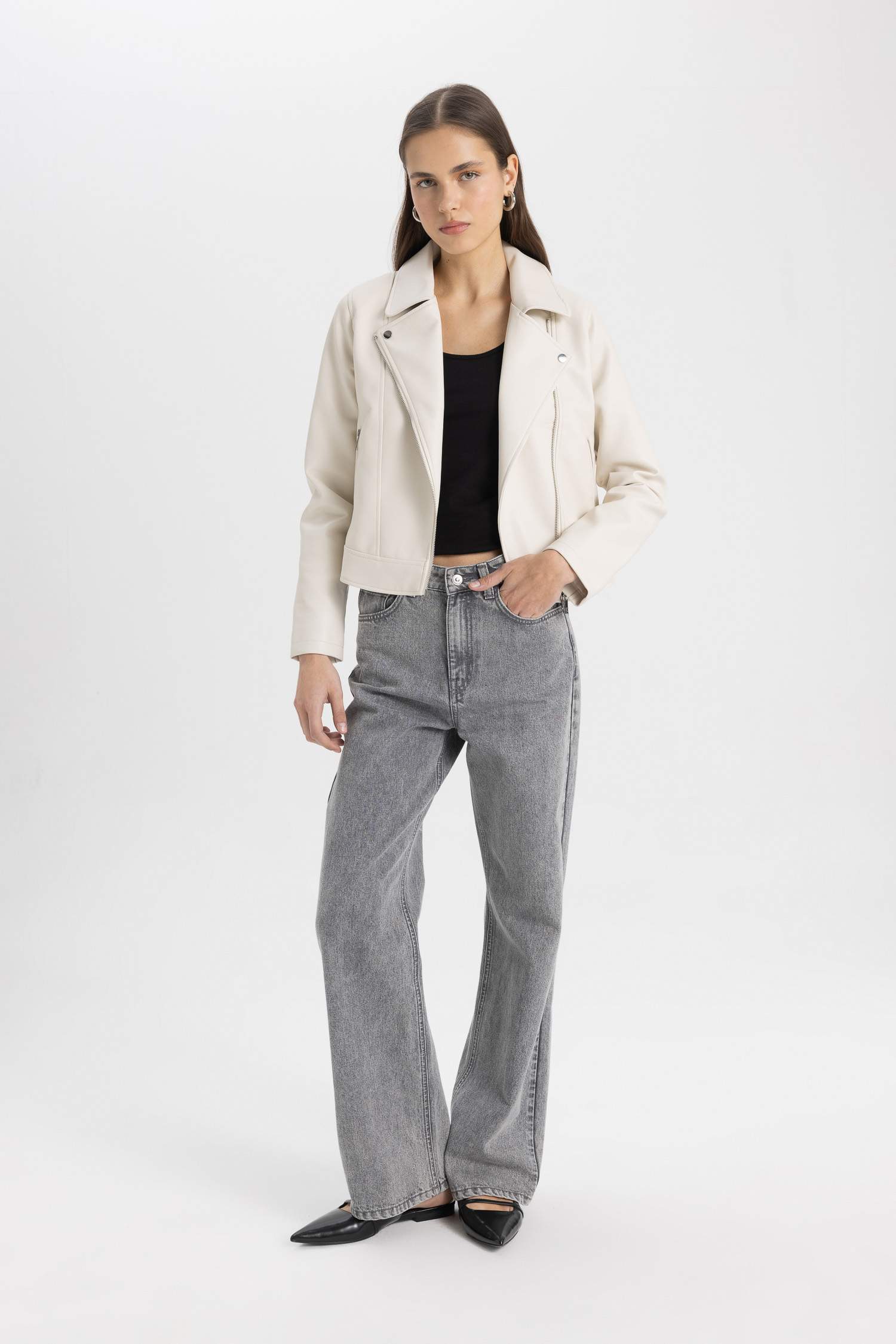 Su Geçirmez Ceket Mont Kruvaze Yaka Fermuarlı Cepli Mevsimlik Suni Deri