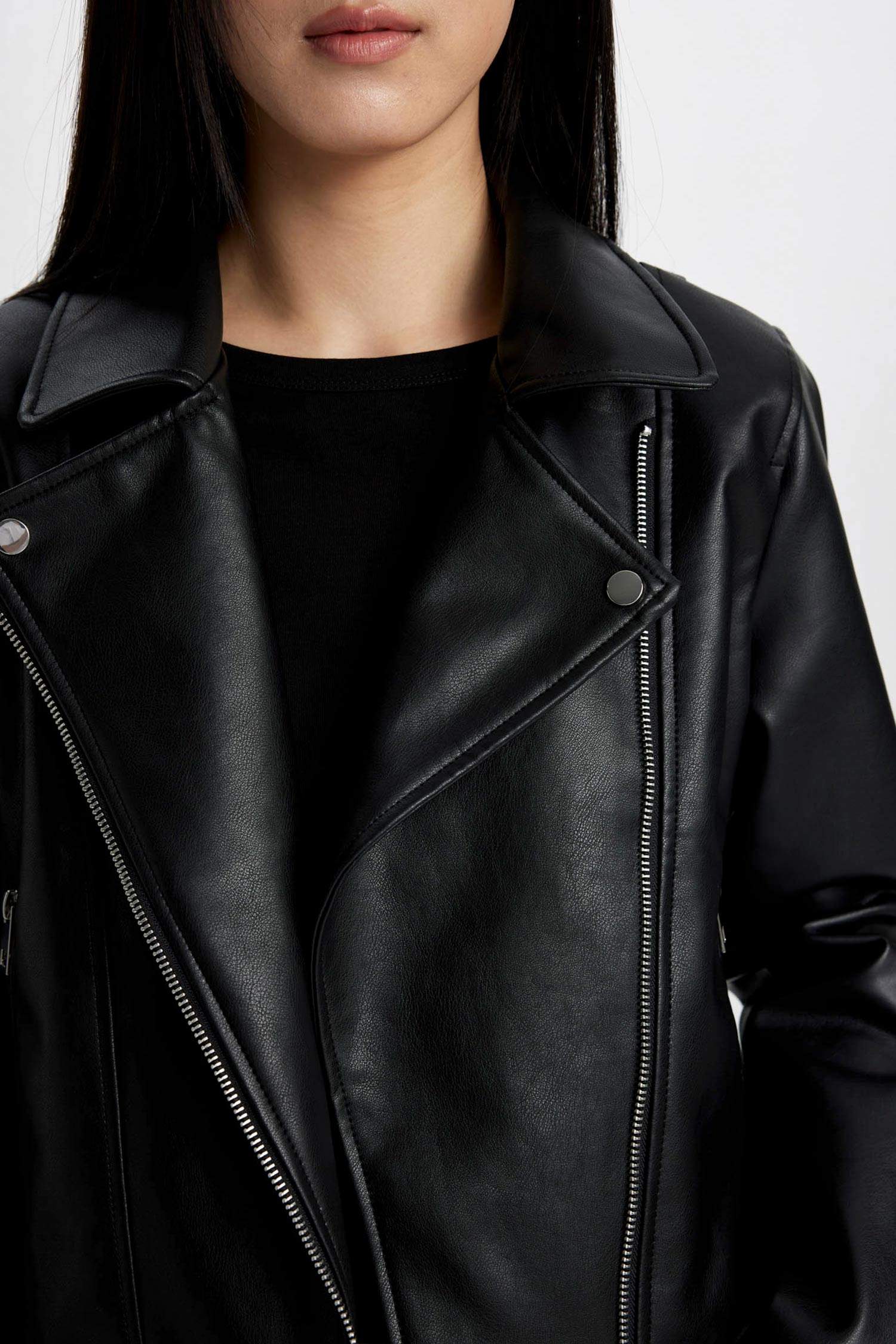 Suni Deri Ceket Mont Kruvaze Yaka Fermuarlı Cepli Mevsimlik