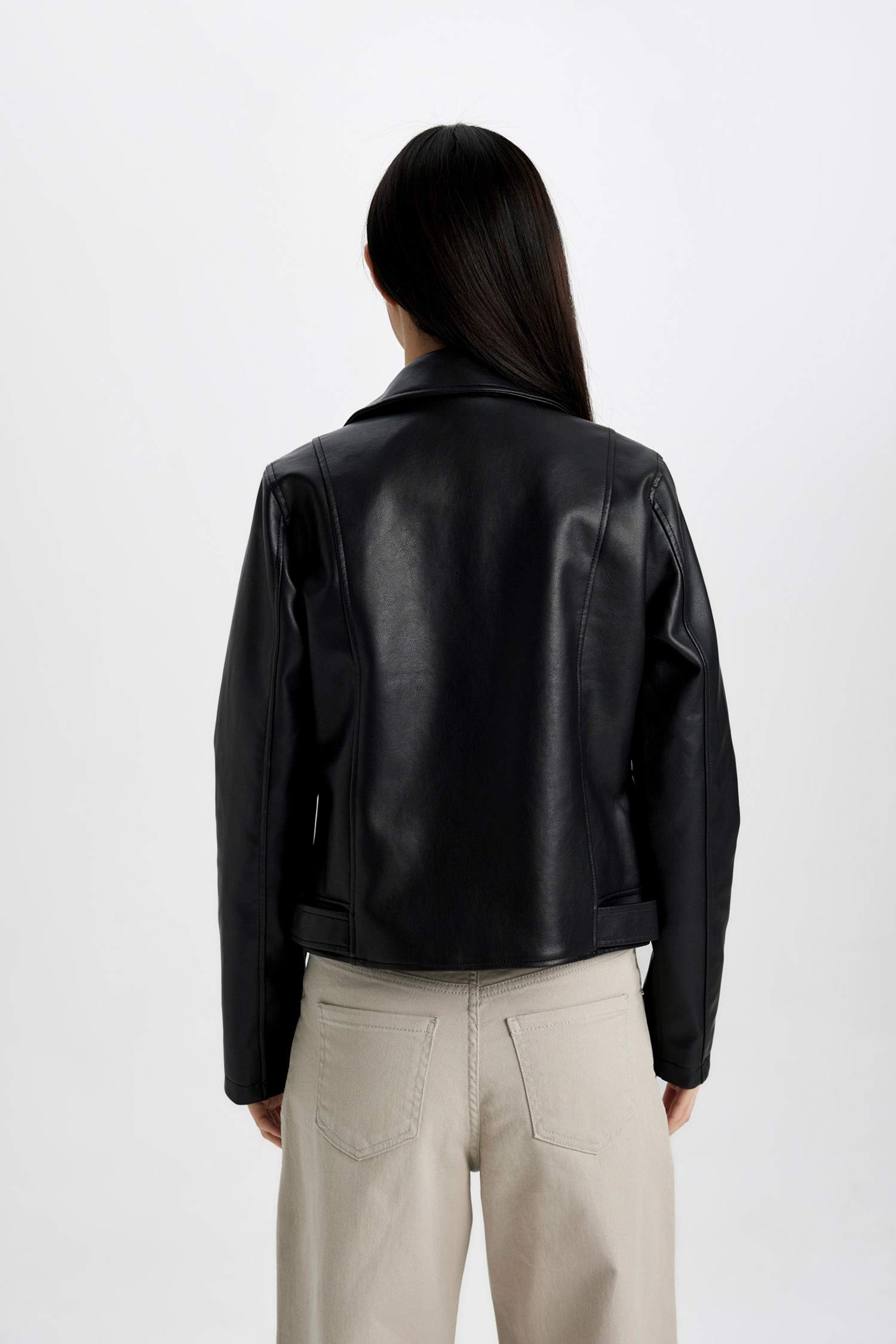 Suni Deri Ceket Mont Kruvaze Yaka Fermuarlı Cepli Mevsimlik