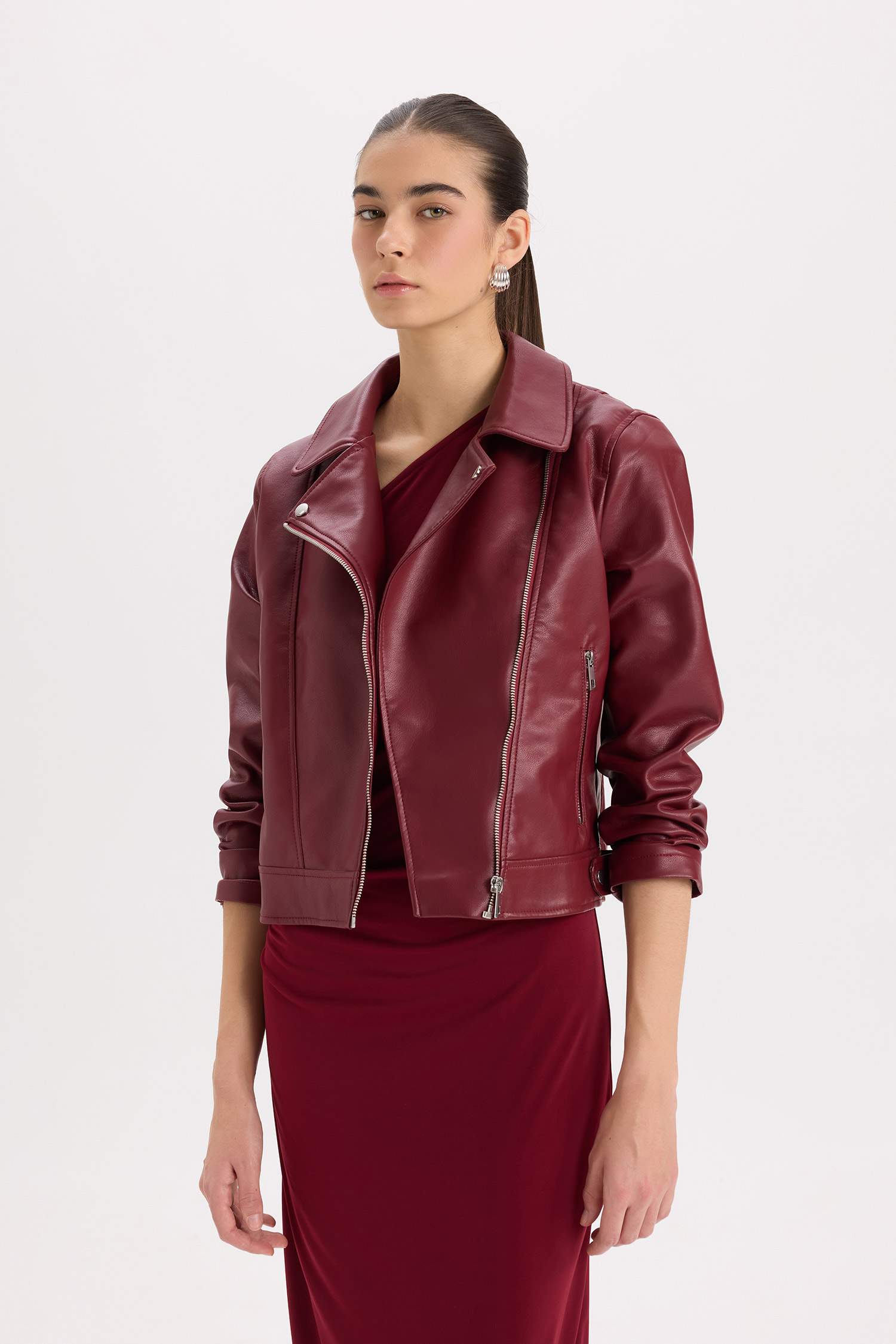 Su Geçirmez Suni Deri Ceket Mont Kruvaze Yaka Fermuarlı Cepli