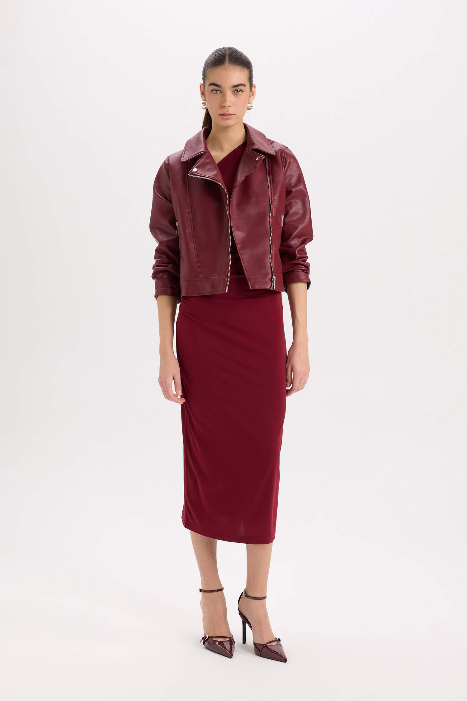 Su Geçirmez Suni Deri Ceket Mont Kruvaze Yaka Fermuarlı Cepli