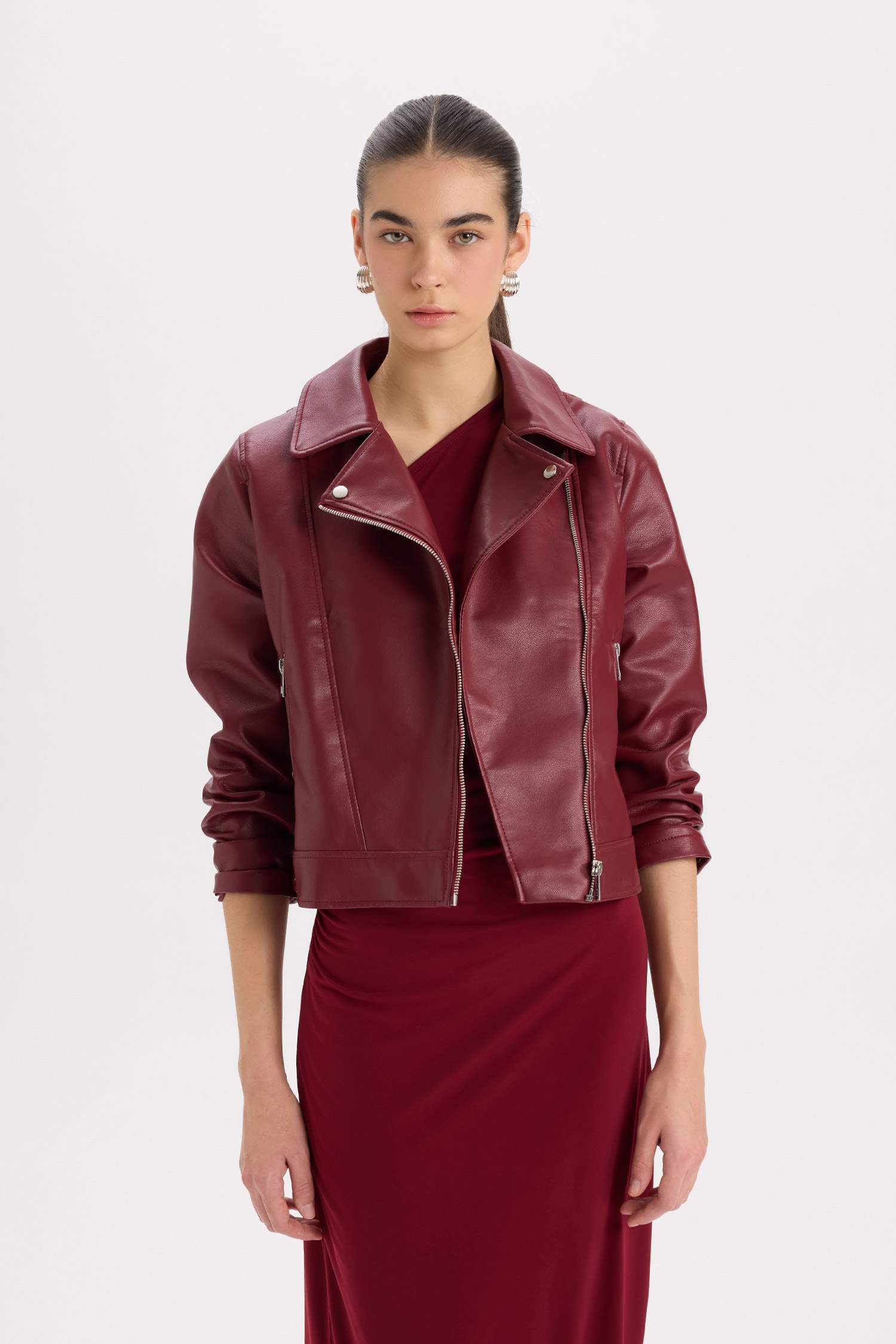 Su Geçirmez Suni Deri Ceket Mont Kruvaze Yaka Fermuarlı Cepli