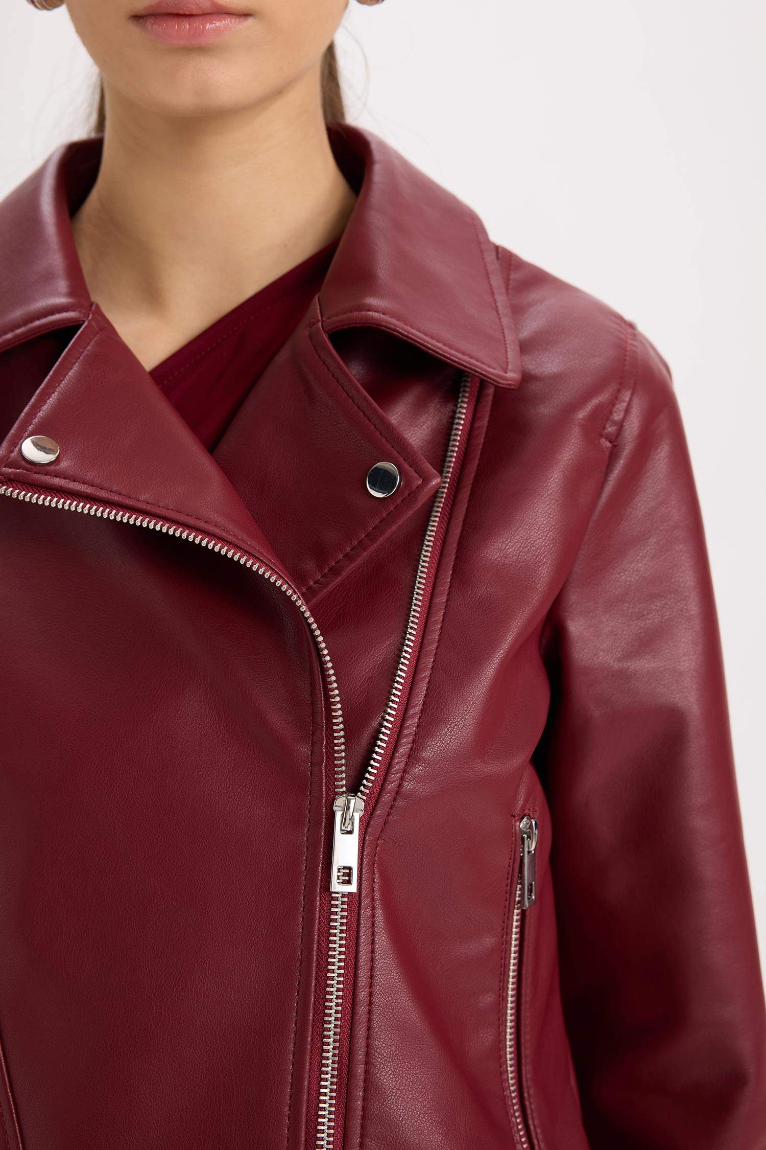 Su Geçirmez Suni Deri Ceket Mont Kruvaze Yaka Fermuarlı Cepli