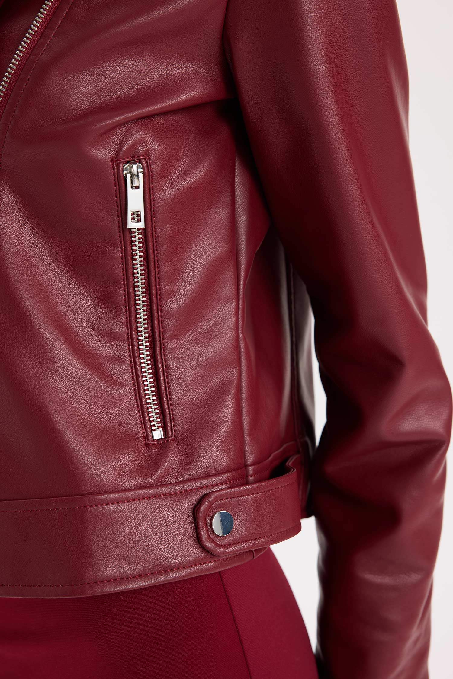 Su Geçirmez Suni Deri Ceket Mont Kruvaze Yaka Fermuarlı Cepli