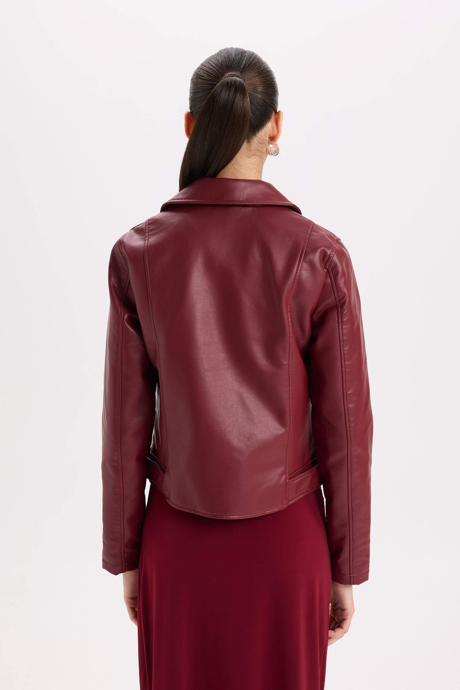 Su Geçirmez Suni Deri Ceket Mont Kruvaze Yaka Fermuarlı Cepli