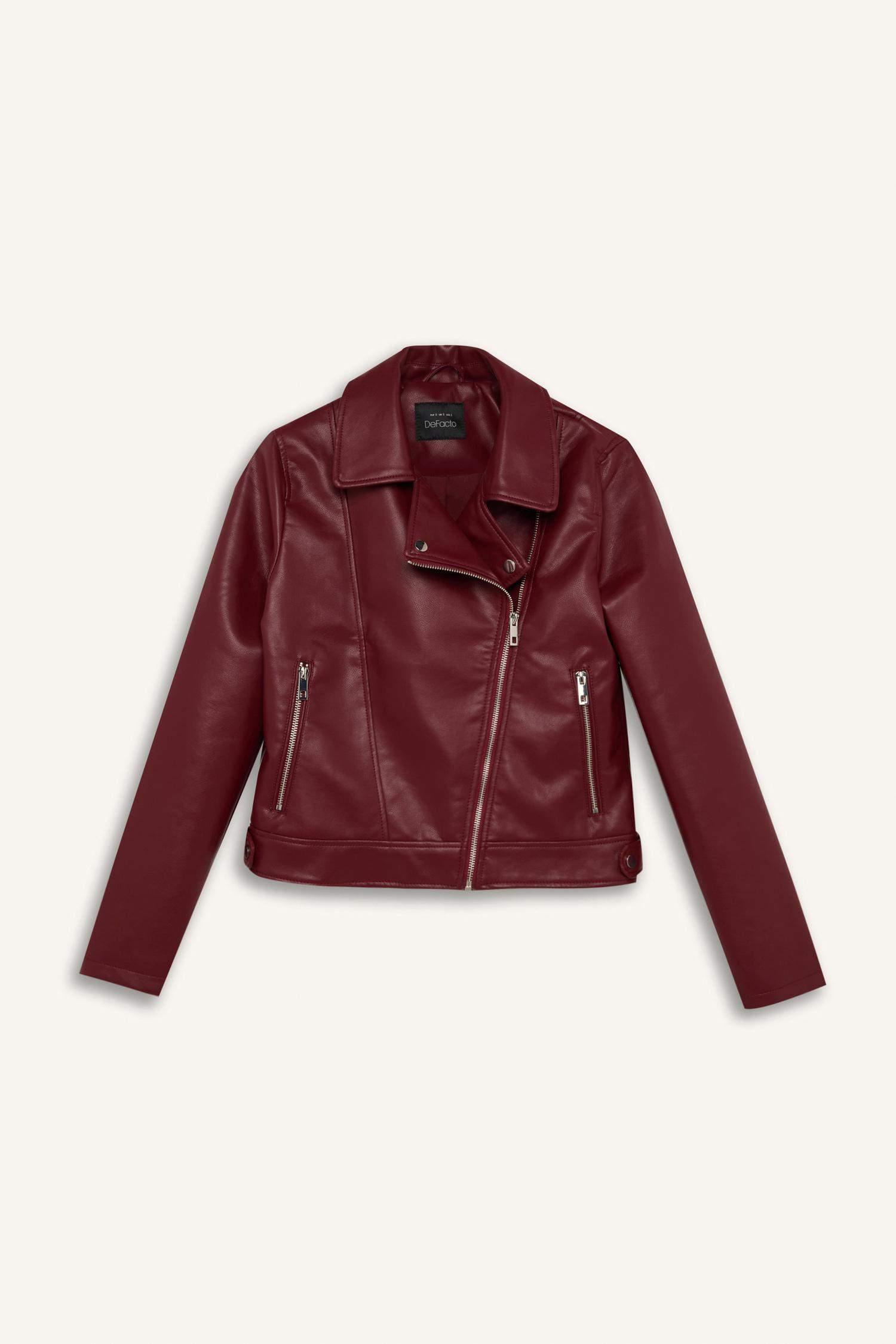 Su Geçirmez Suni Deri Ceket Mont Kruvaze Yaka Fermuarlı Cepli