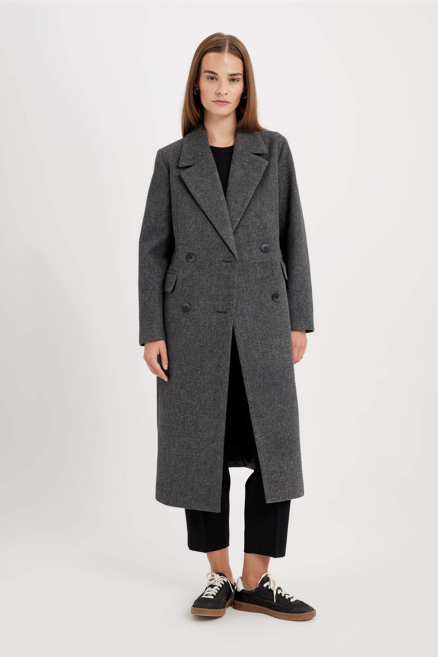 Regular Kalıp Kruvaze Yaka Düğmeli Cepli Uzun Kaşe Kaban