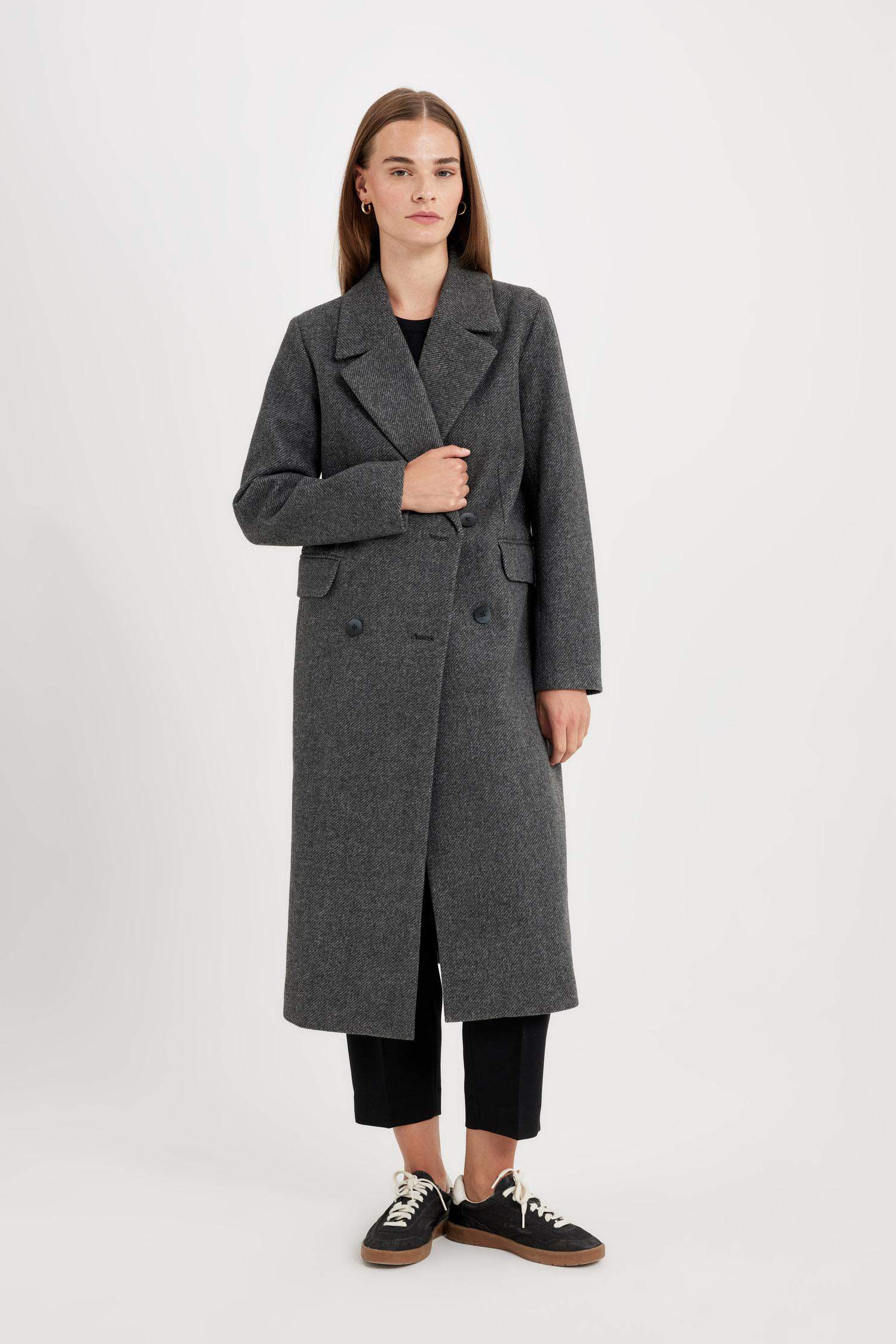 Regular Kalıp Kruvaze Yaka Düğmeli Cepli Uzun Kaşe Kaban