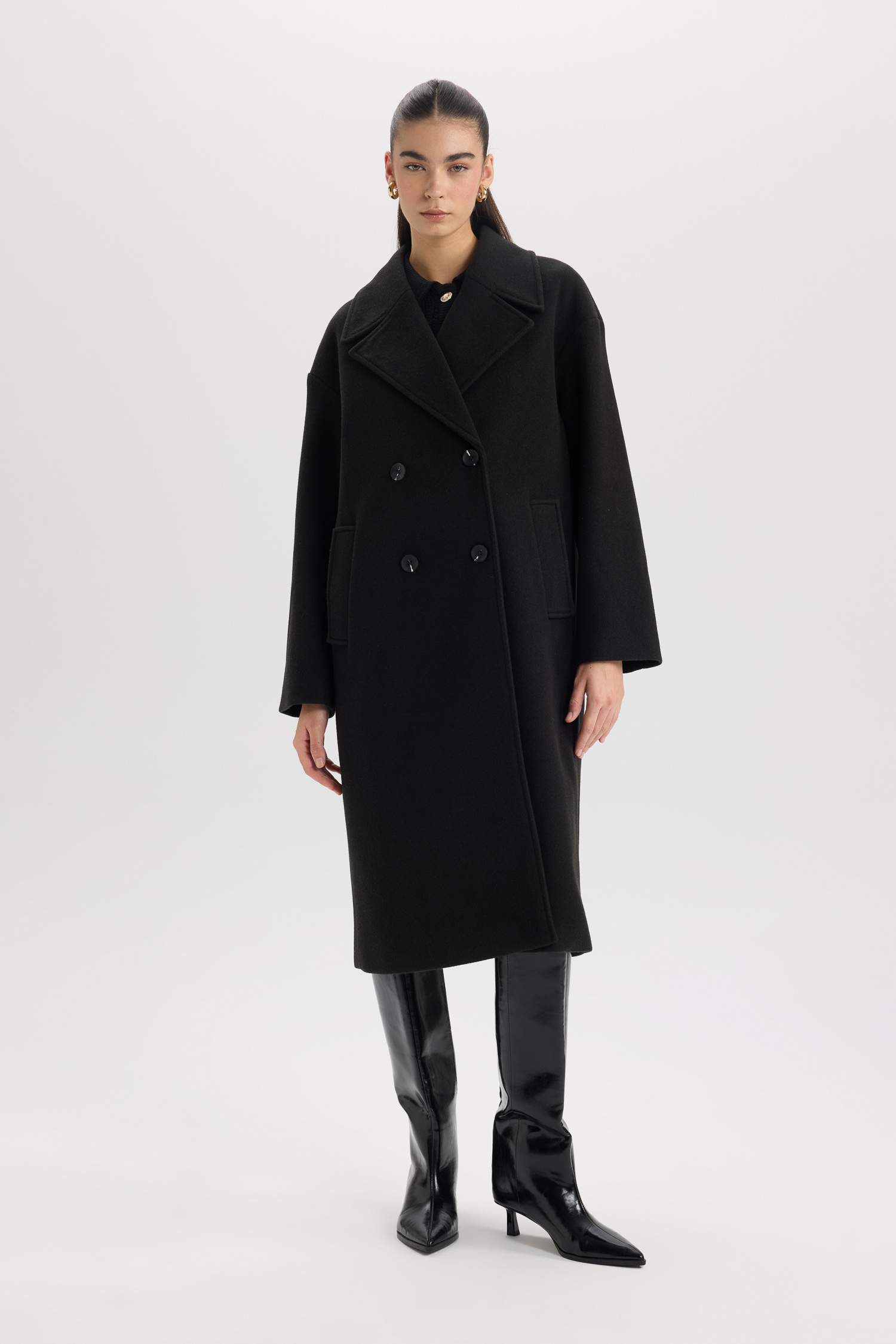 Oversize Geniş Kalıp Ceket Yaka Düğmeli Uzun Kaşe Kaban