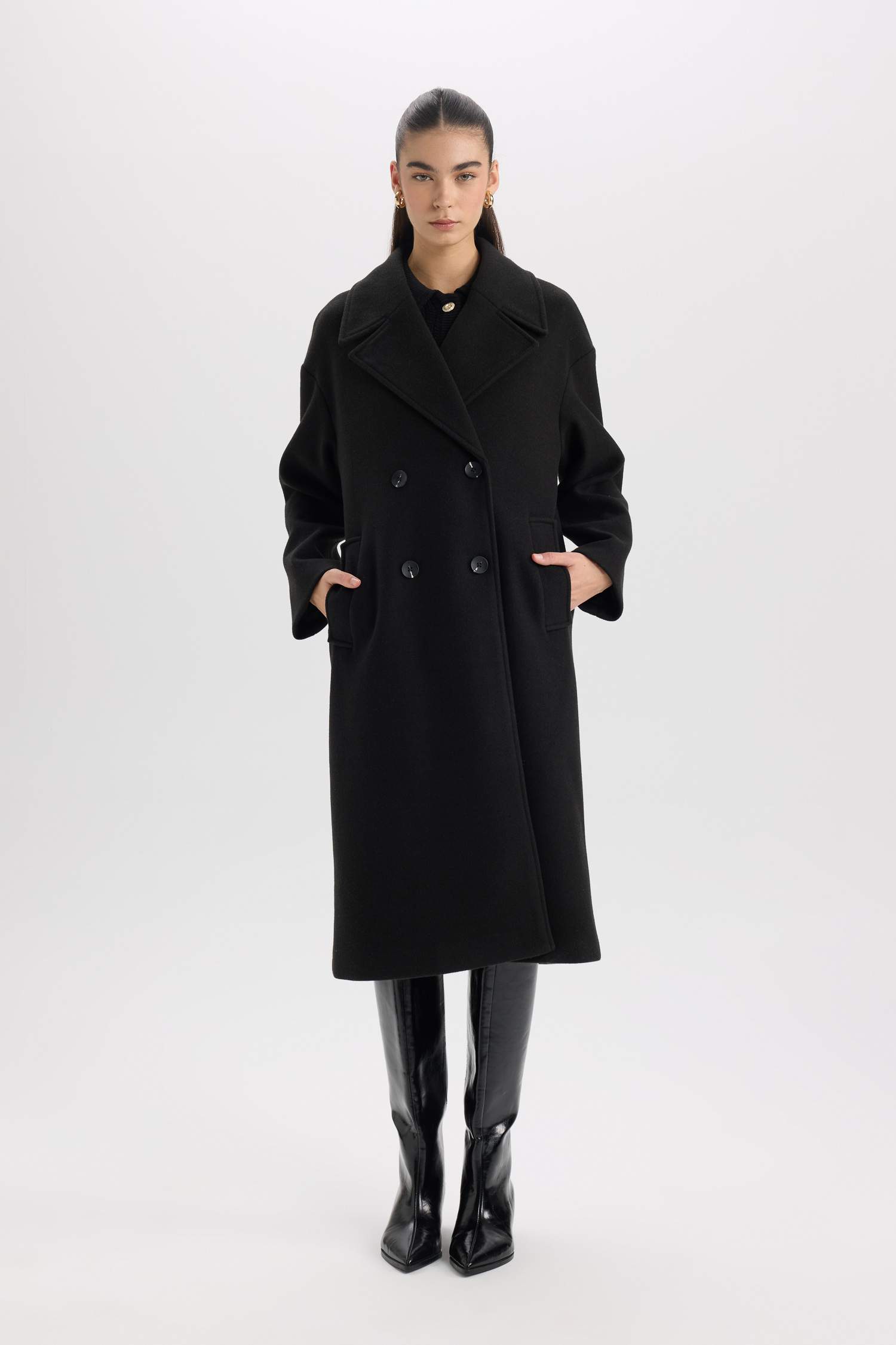 Oversize Geniş Kalıp Ceket Yaka Düğmeli Uzun Kaşe Kaban