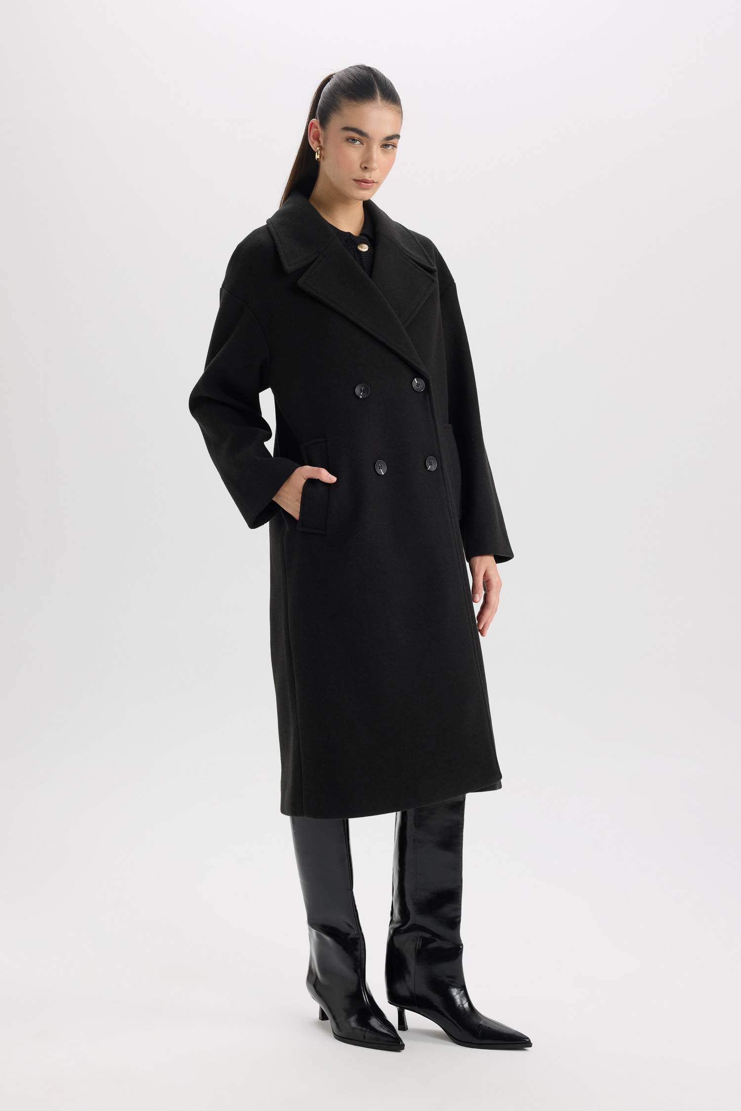 Oversize Geniş Kalıp Ceket Yaka Düğmeli Uzun Kaşe Kaban