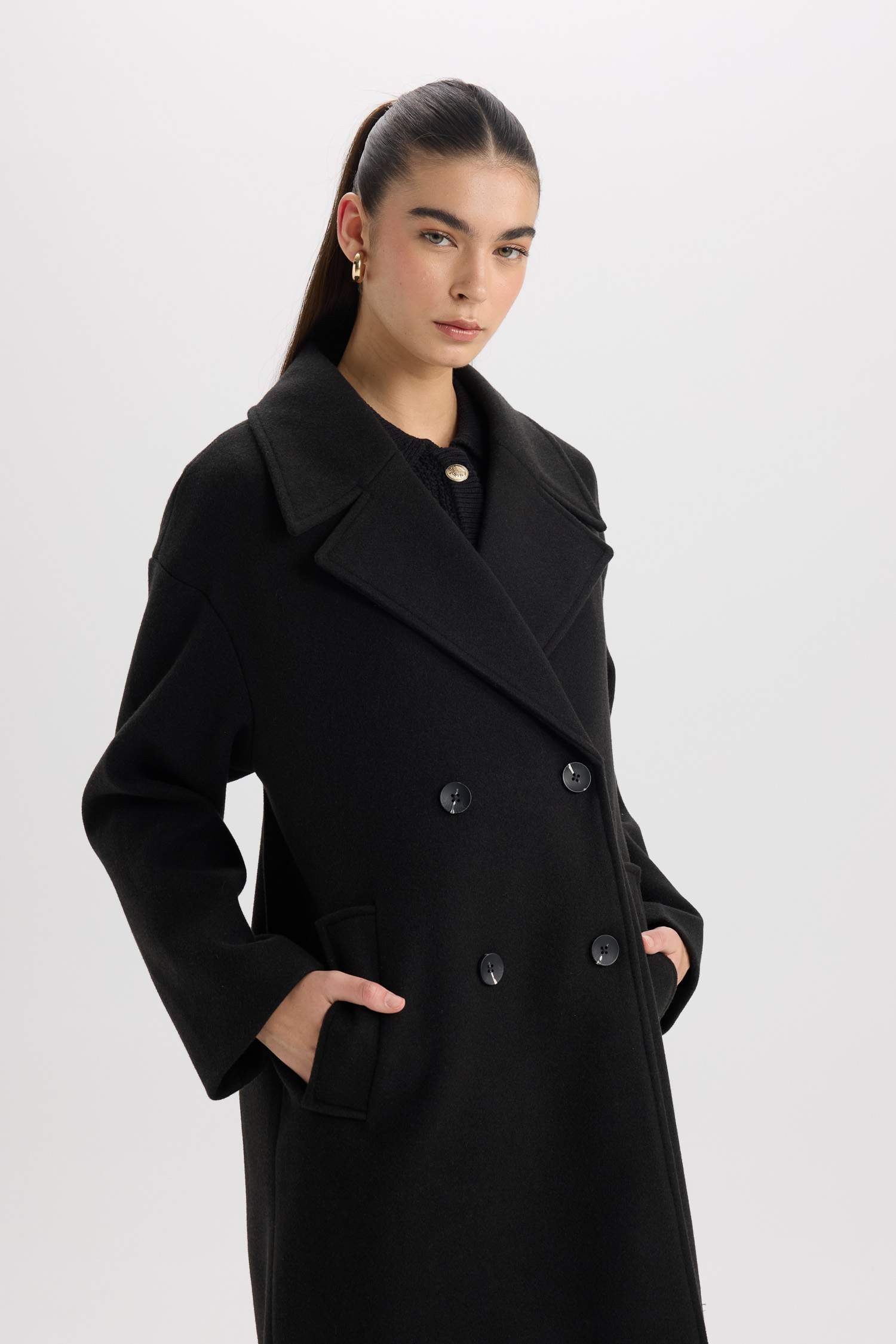 Oversize Geniş Kalıp Ceket Yaka Düğmeli Uzun Kaşe Kaban