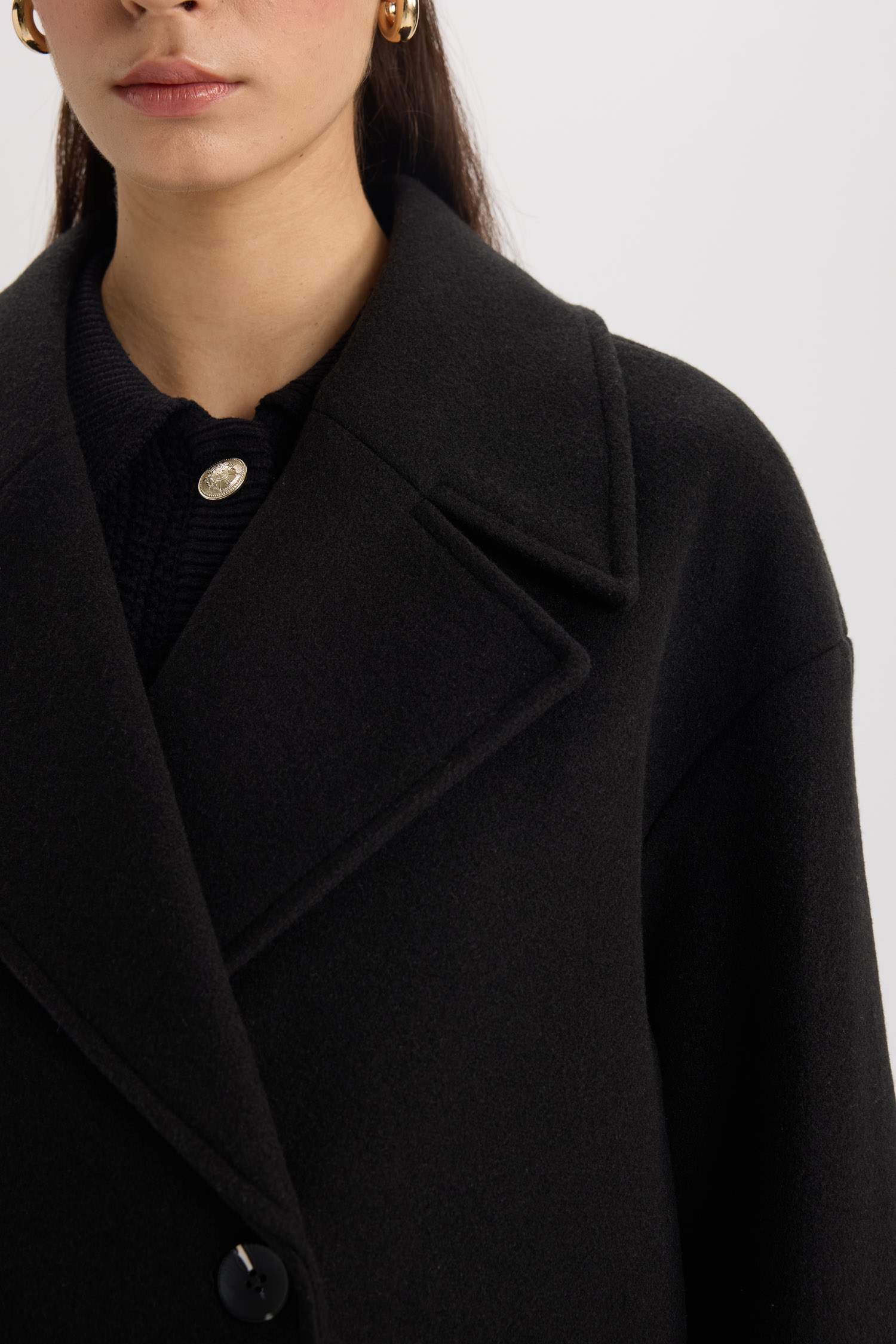 Oversize Geniş Kalıp Ceket Yaka Düğmeli Uzun Kaşe Kaban