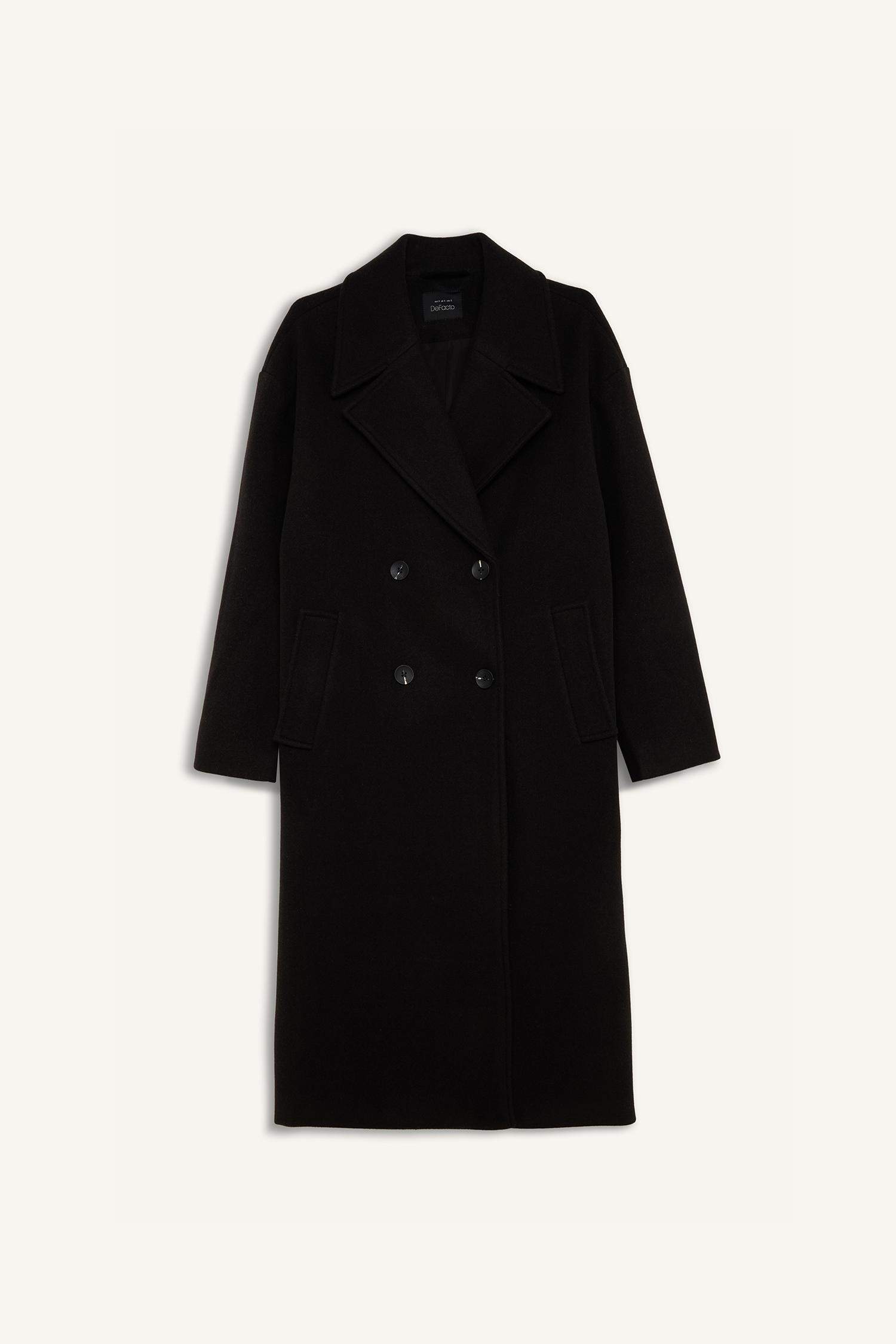 Oversize Geniş Kalıp Ceket Yaka Düğmeli Uzun Kaşe Kaban