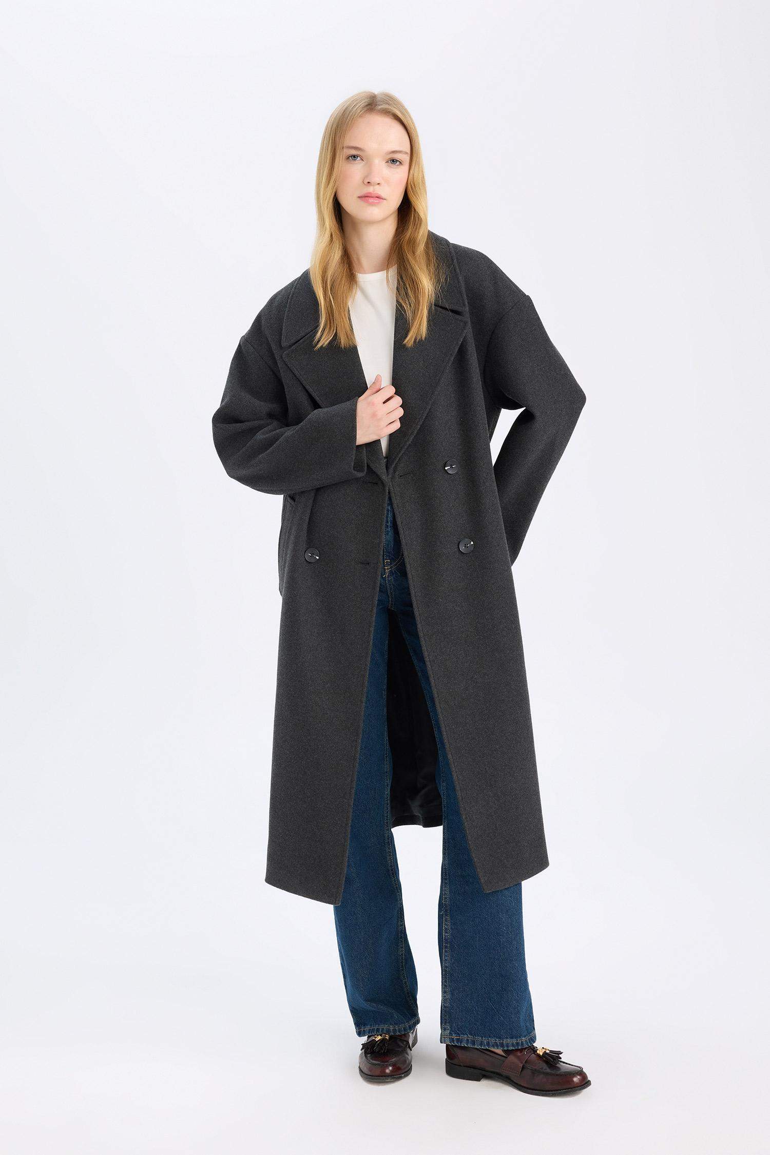 Oversize Geniş Kalıp Ceket Yaka Düğmeli Uzun Kaşe Kaban