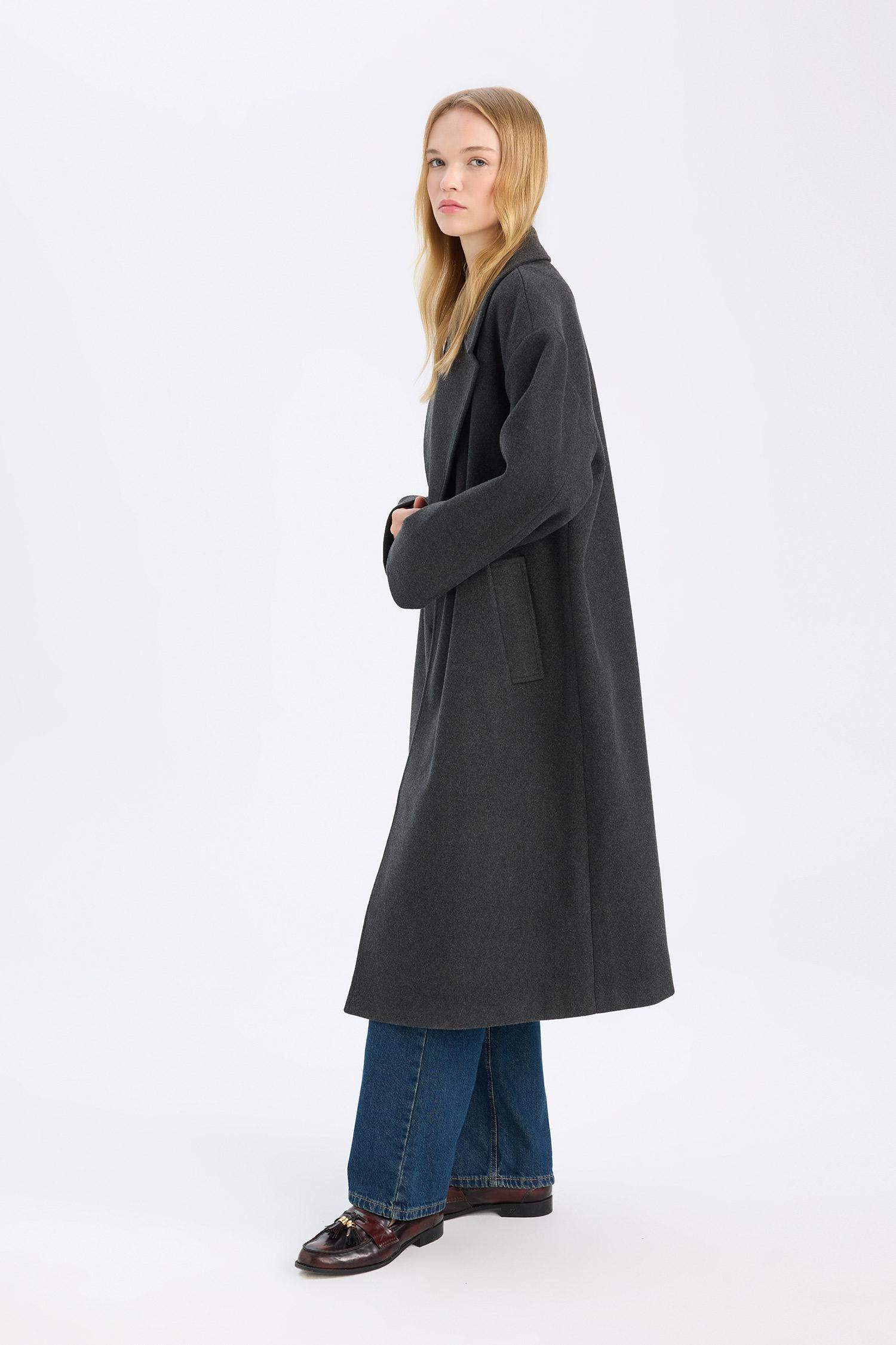 Oversize Geniş Kalıp Ceket Yaka Düğmeli Uzun Kaşe Kaban