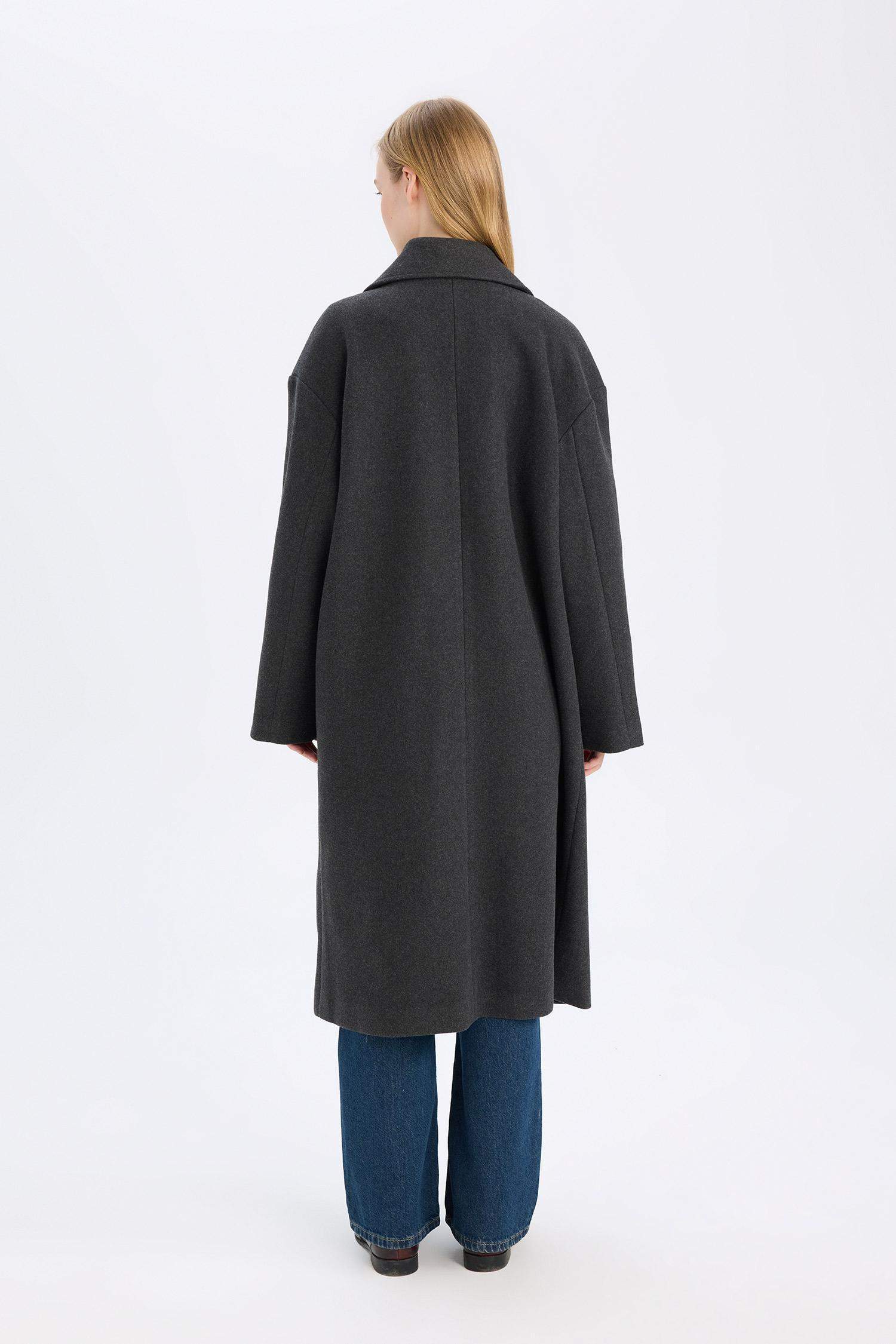 Oversize Geniş Kalıp Ceket Yaka Düğmeli Uzun Kaşe Kaban